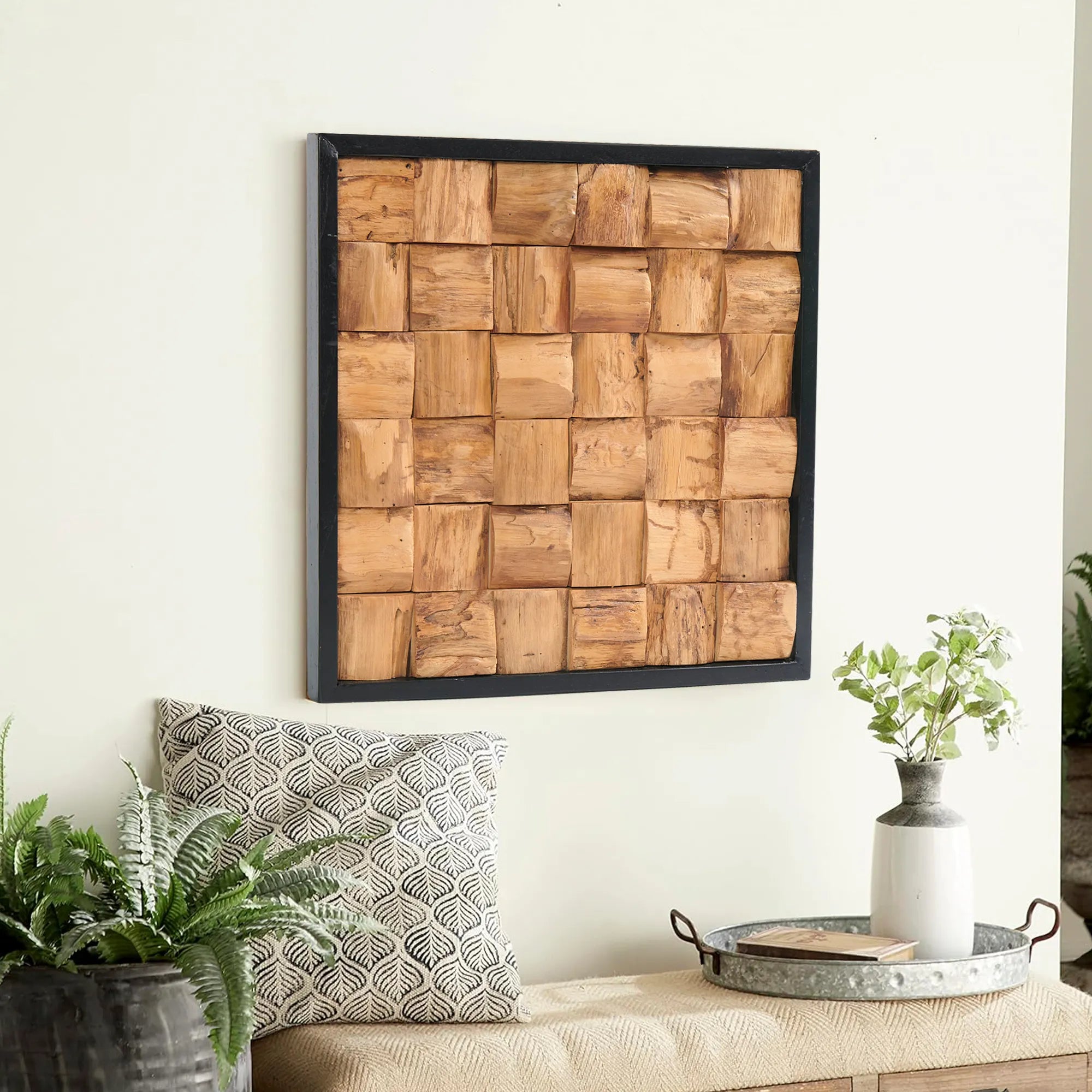 Bark Square Teak Wood Wall Art (17" x 17" x 1.6")