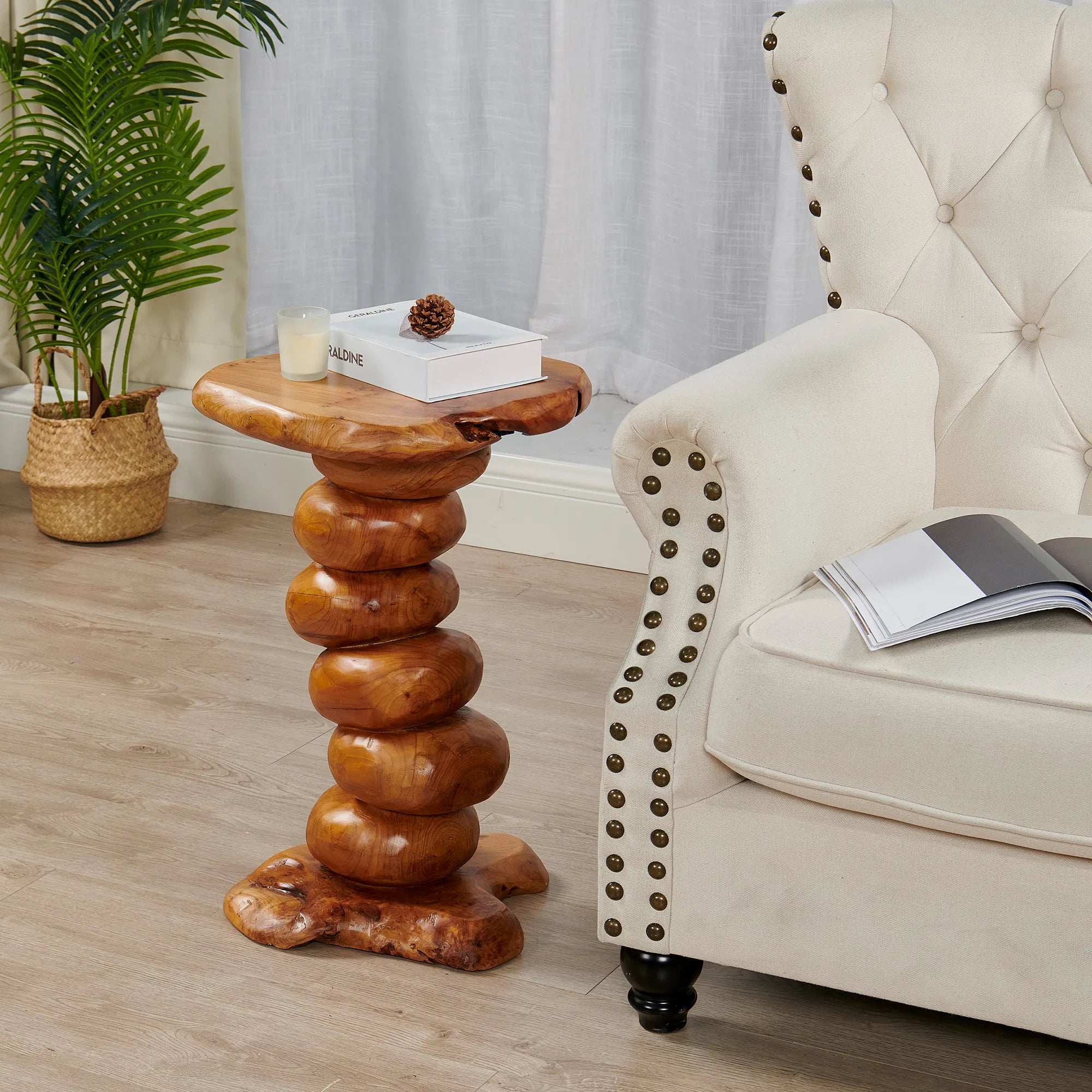Cedar Wood Multibeads End Table (13.8" x 13.8" x 23.6")