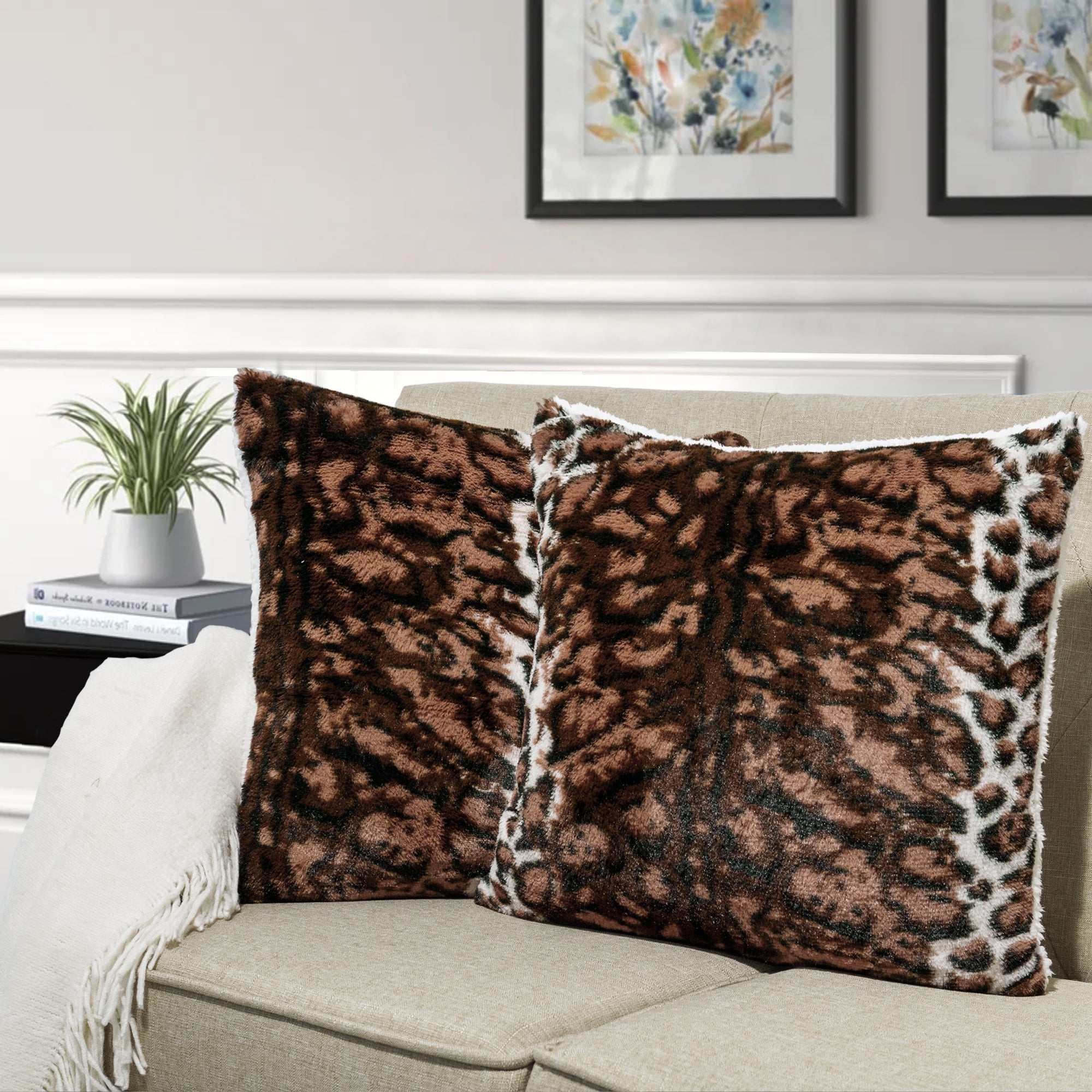 ML LEOPARD Faux Fur 2 Piece Decorative Pillow Covers (20" x 20")