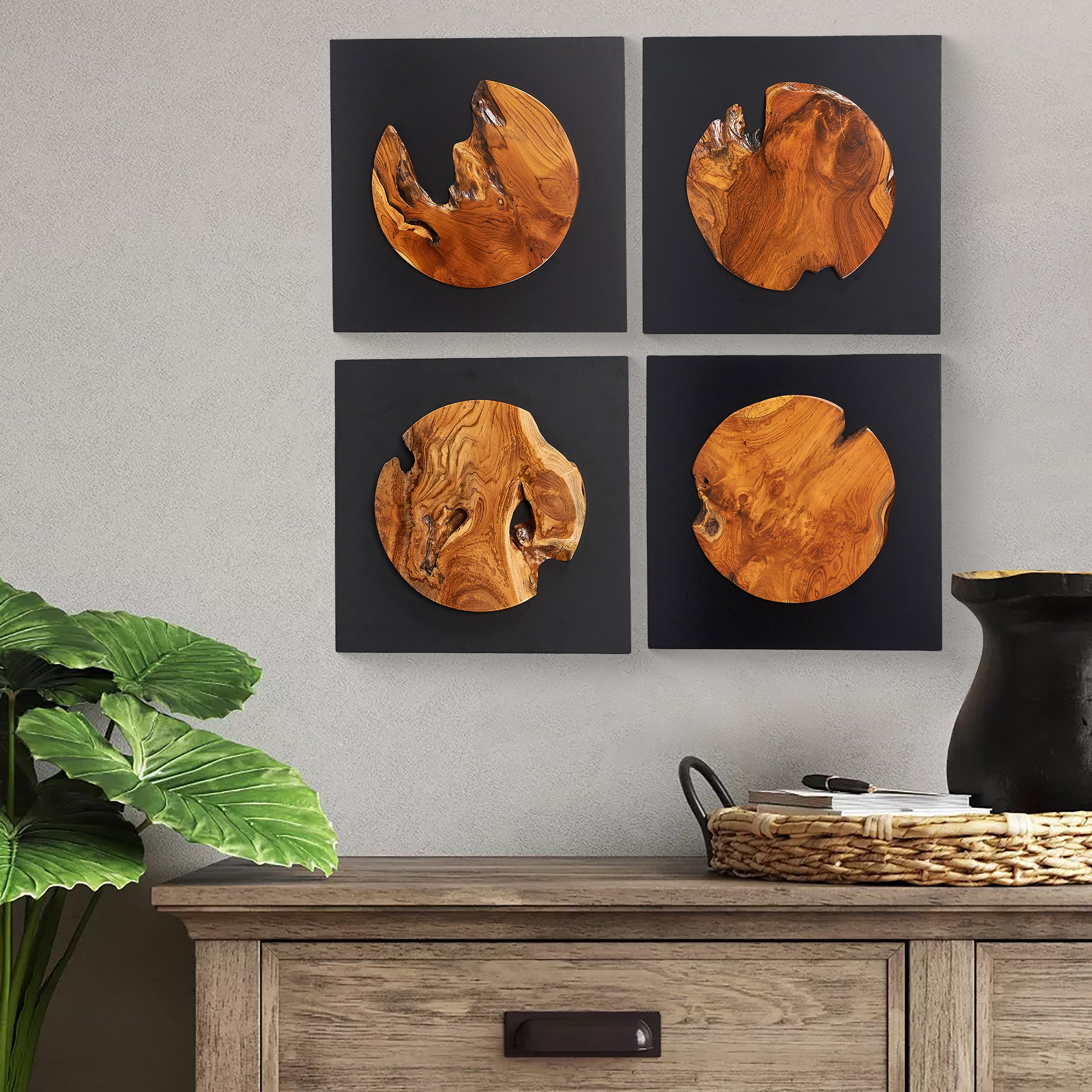 Round Insert Abstract Teak Wall Art(17" x 17" x 1.6")