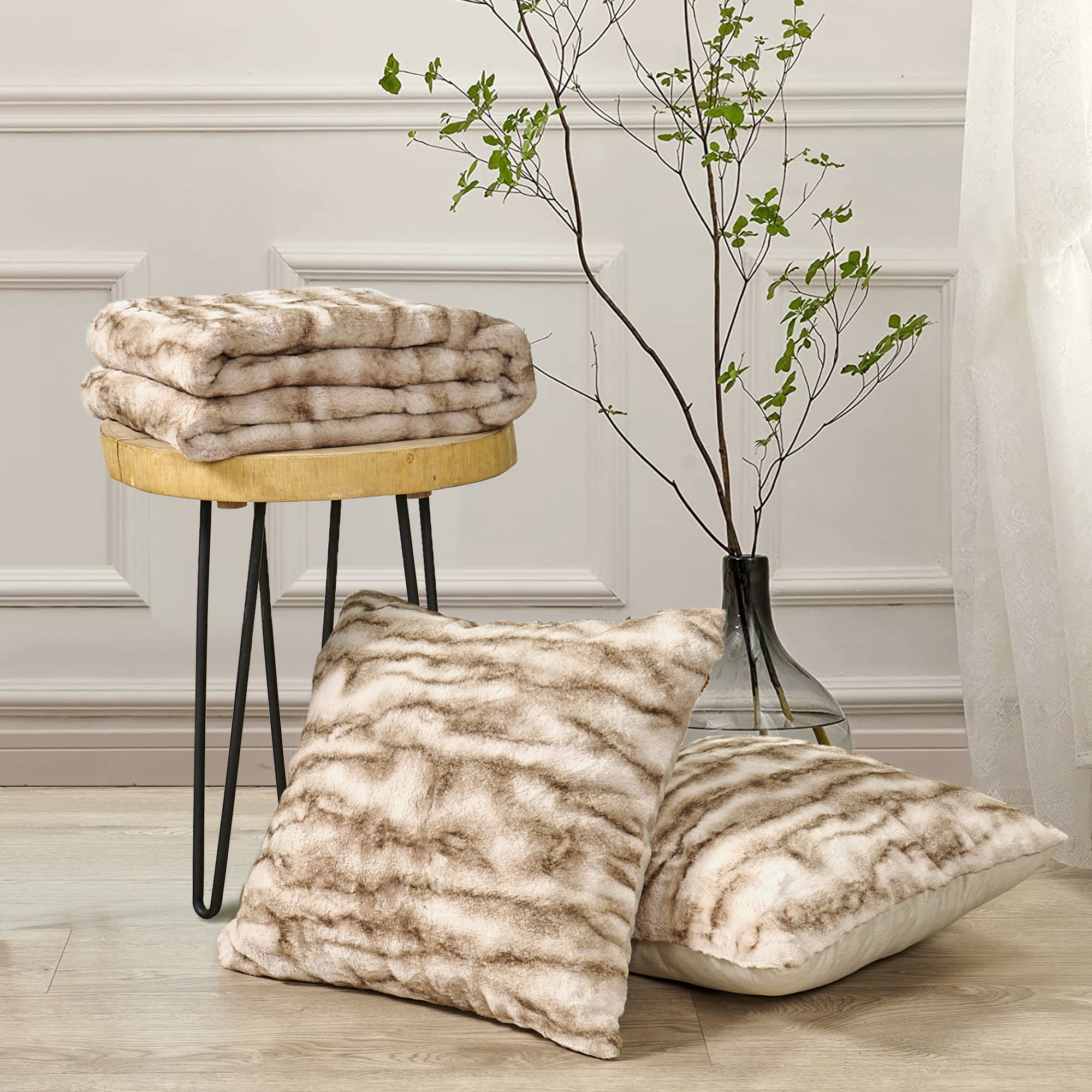Raccoon Faux Fur Throw Blanket & Pillow Cover Set