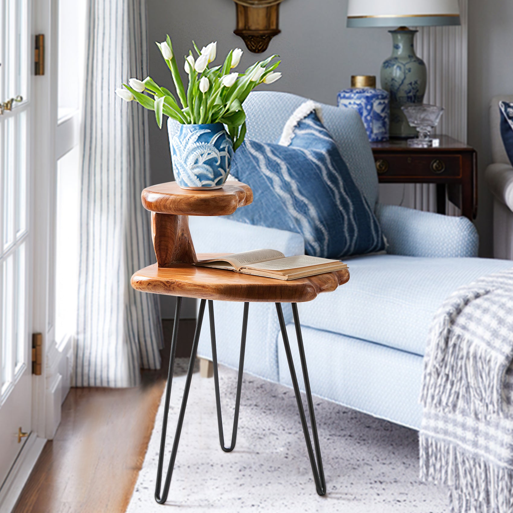 Natural Edge Cedar Wood Dual-Tier End Table (18" x 15.5" x 26")
