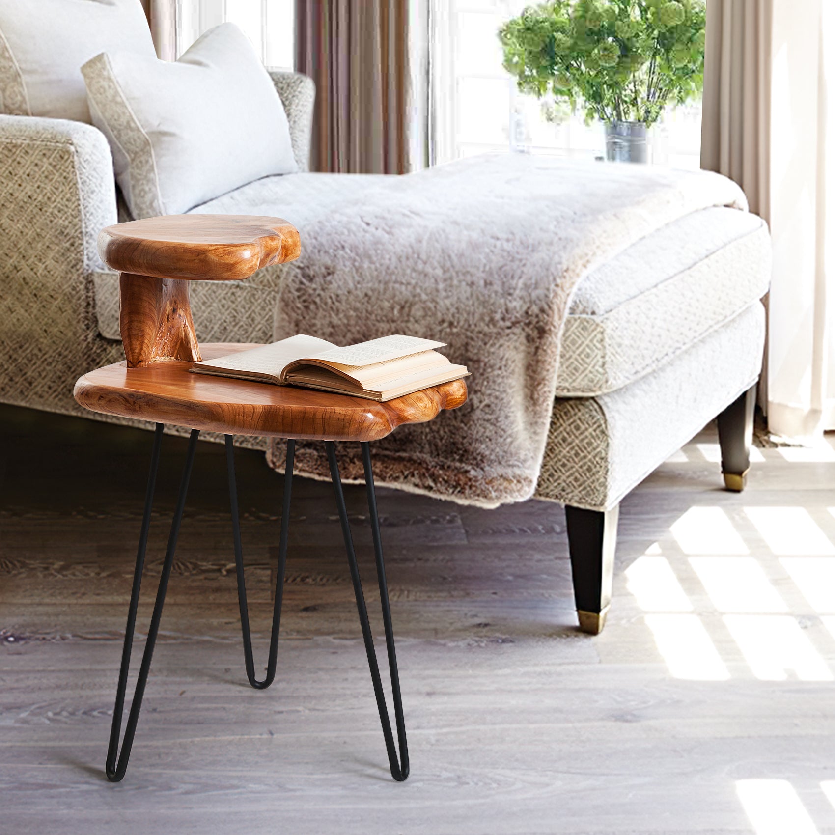 Natural Edge Cedar Wood Dual-Tier End Table (18" x 15.5" x 26")