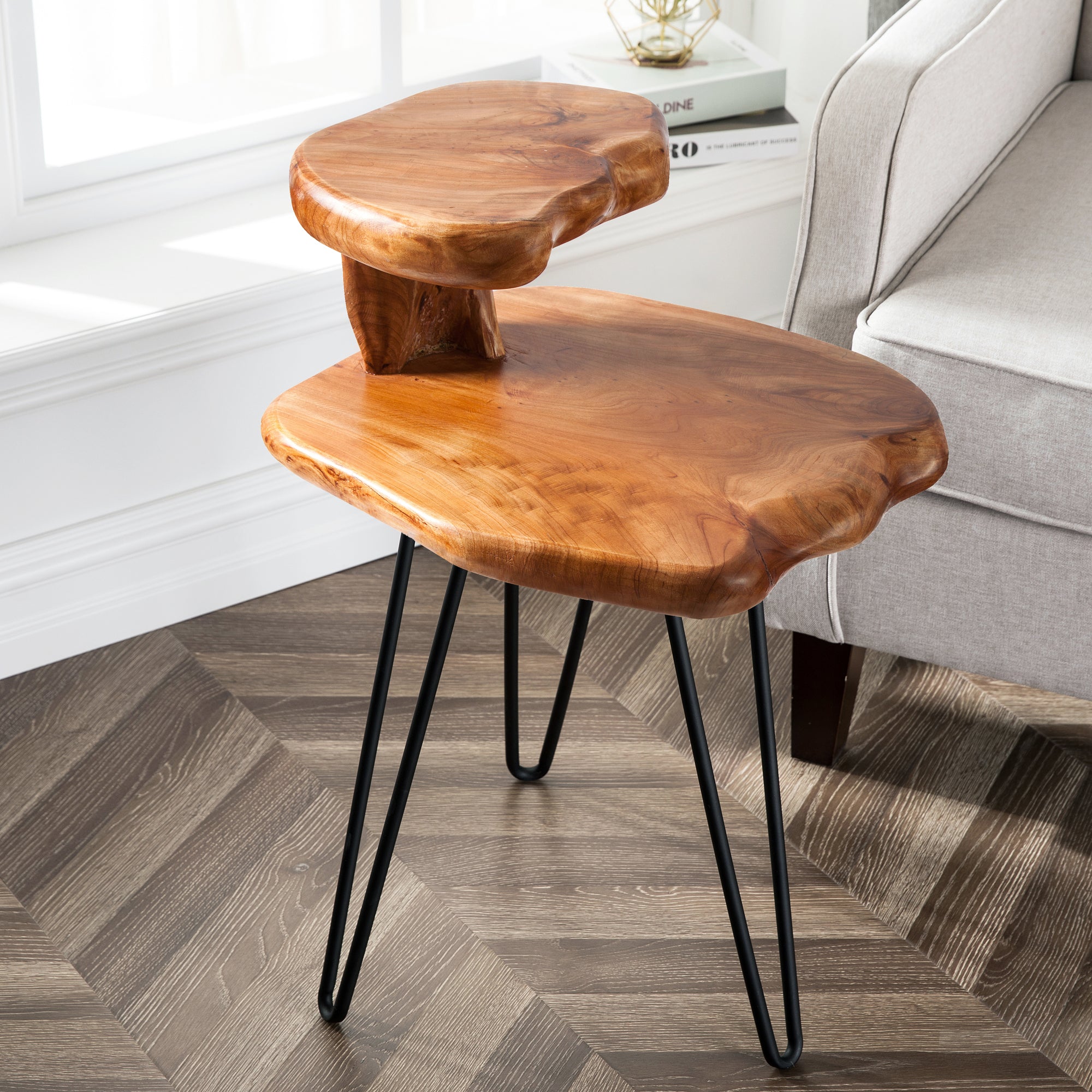 Natural Edge Cedar Wood Dual-Tier End Table (18" x 15.5" x 26")