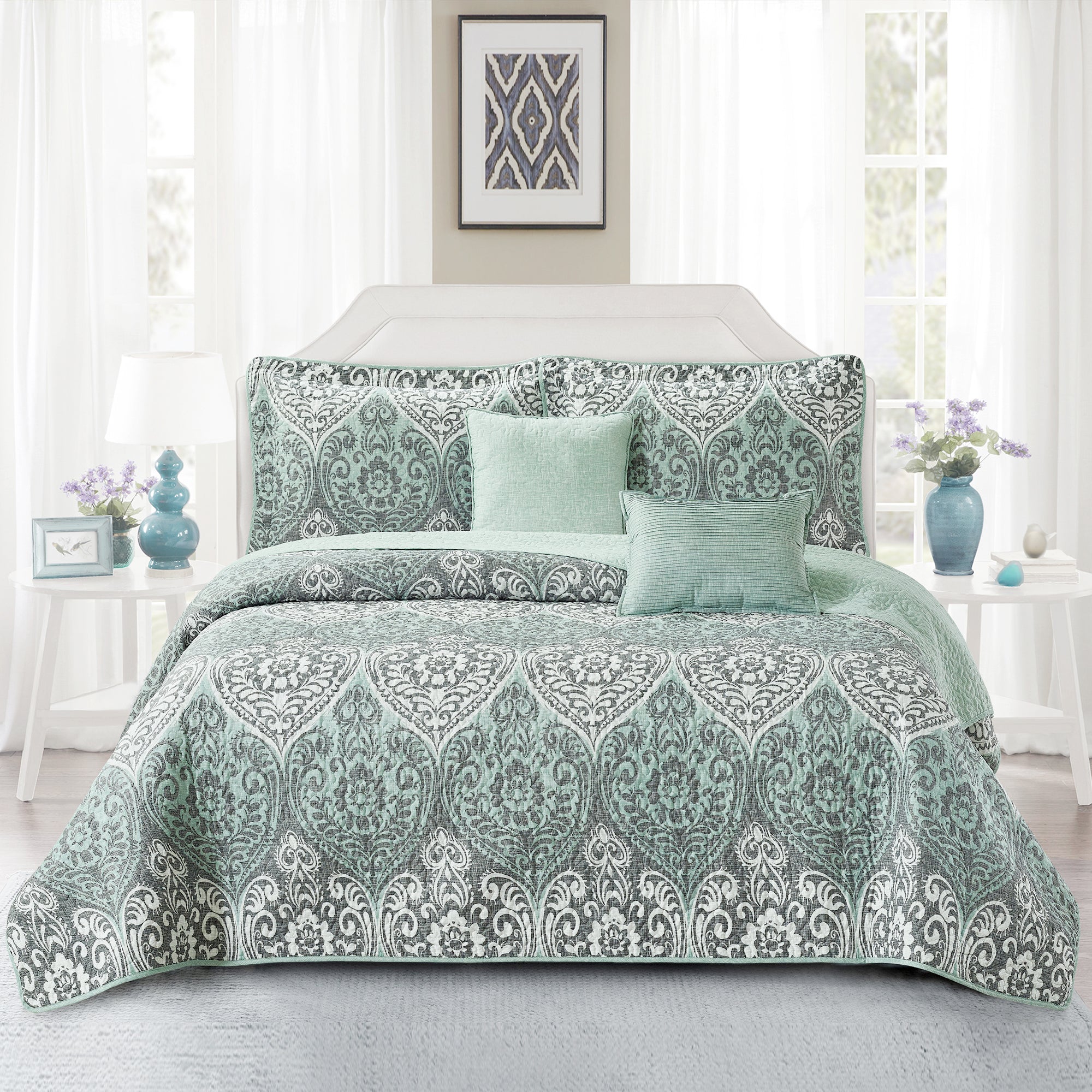 5 Piece Kingston Damask Printed Microfiber Quilt Bedspread Set