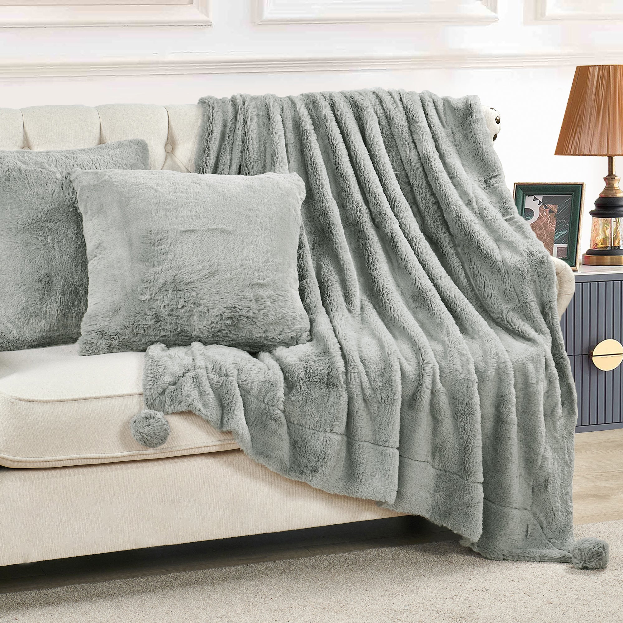 Pompom Faux Fur Throw Blanket & 2 Pillow Cover Set (50"x60"/20"x20")