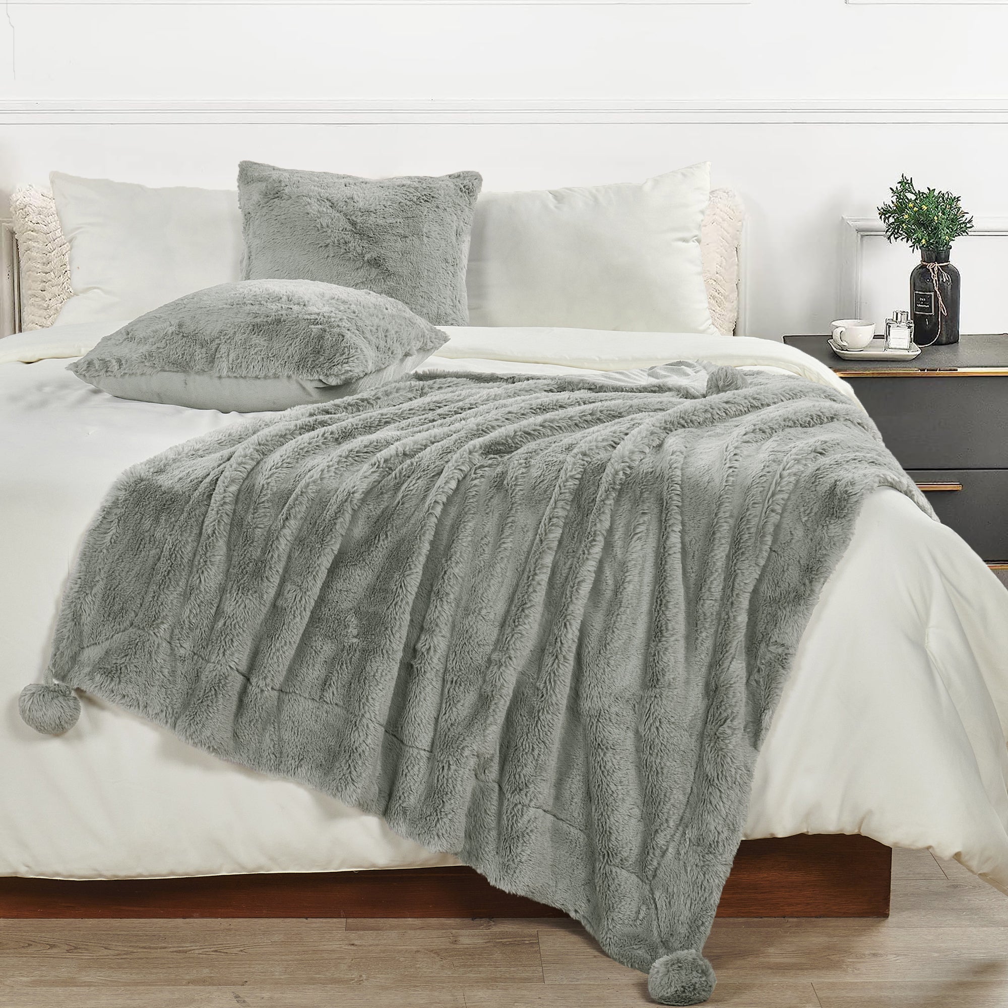 Pompom Faux Fur Throw Blanket & 2 Pillow Cover Set (50"x60"/20"x20")