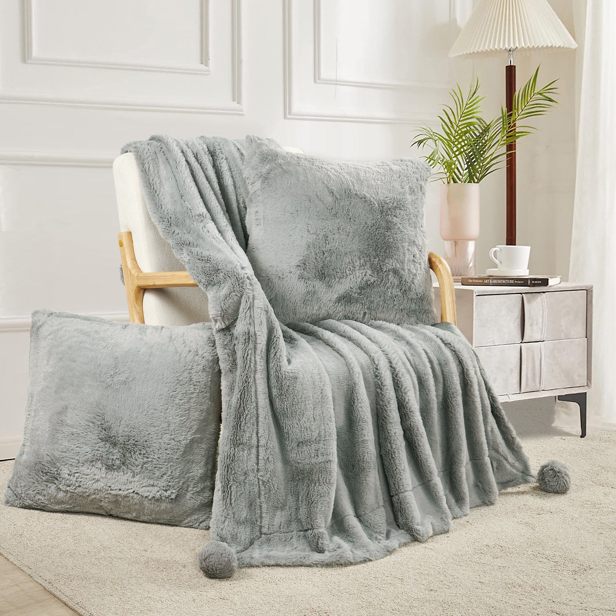Pompom Faux Fur Throw Blanket & 2 Pillow Cover Set (50"x60"/20"x20")
