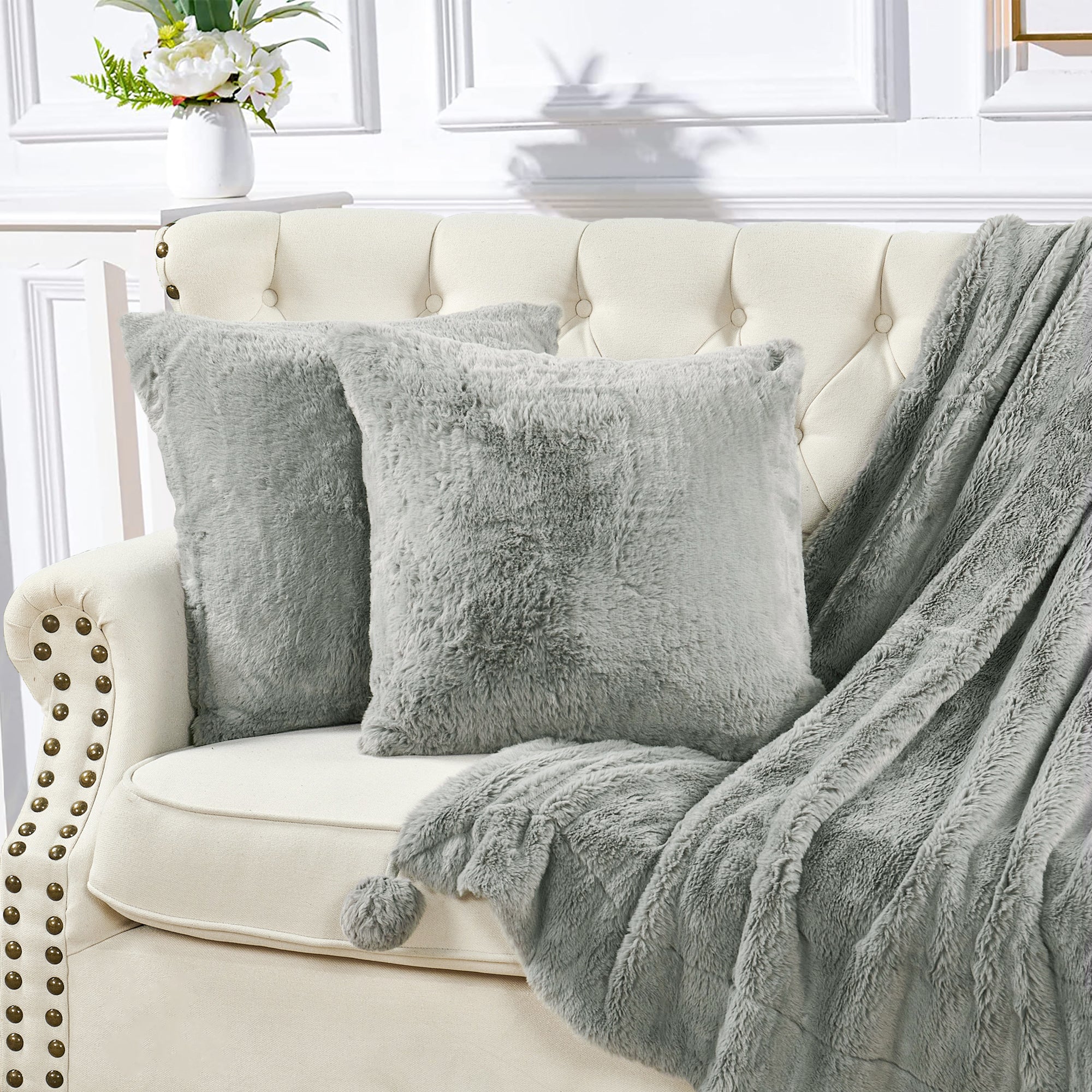 Pompom Faux Fur Throw Blanket & 2 Pillow Cover Set (50"x60"/20"x20")
