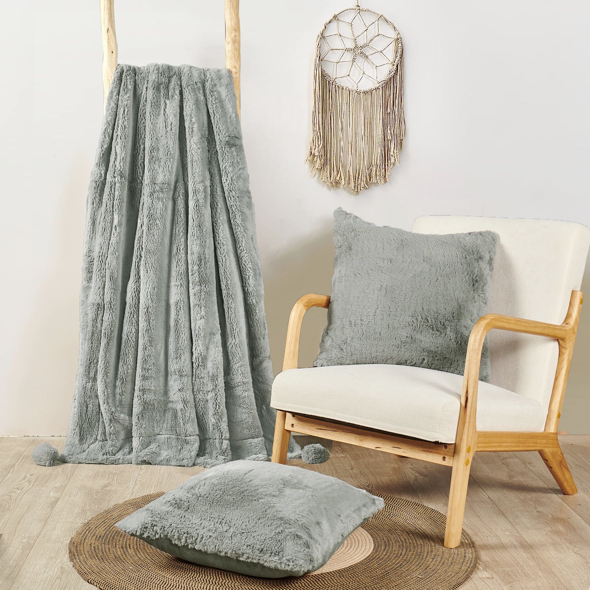 Pompom Faux Fur Throw Blanket & 2 Pillow Cover Set (50"x60"/20"x20")