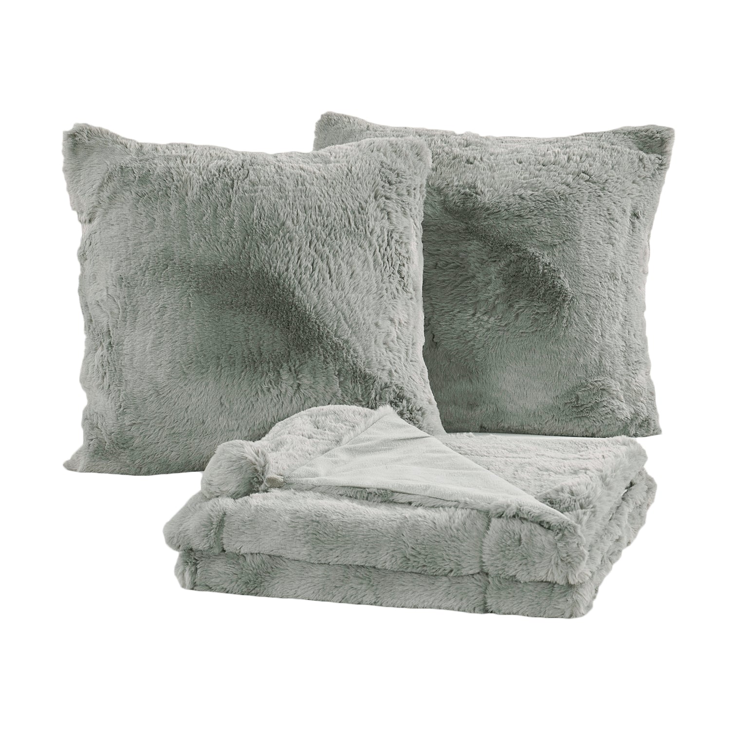Pompom Faux Fur Throw Blanket & 2 Pillow Cover Set (50"x60"/20"x20")