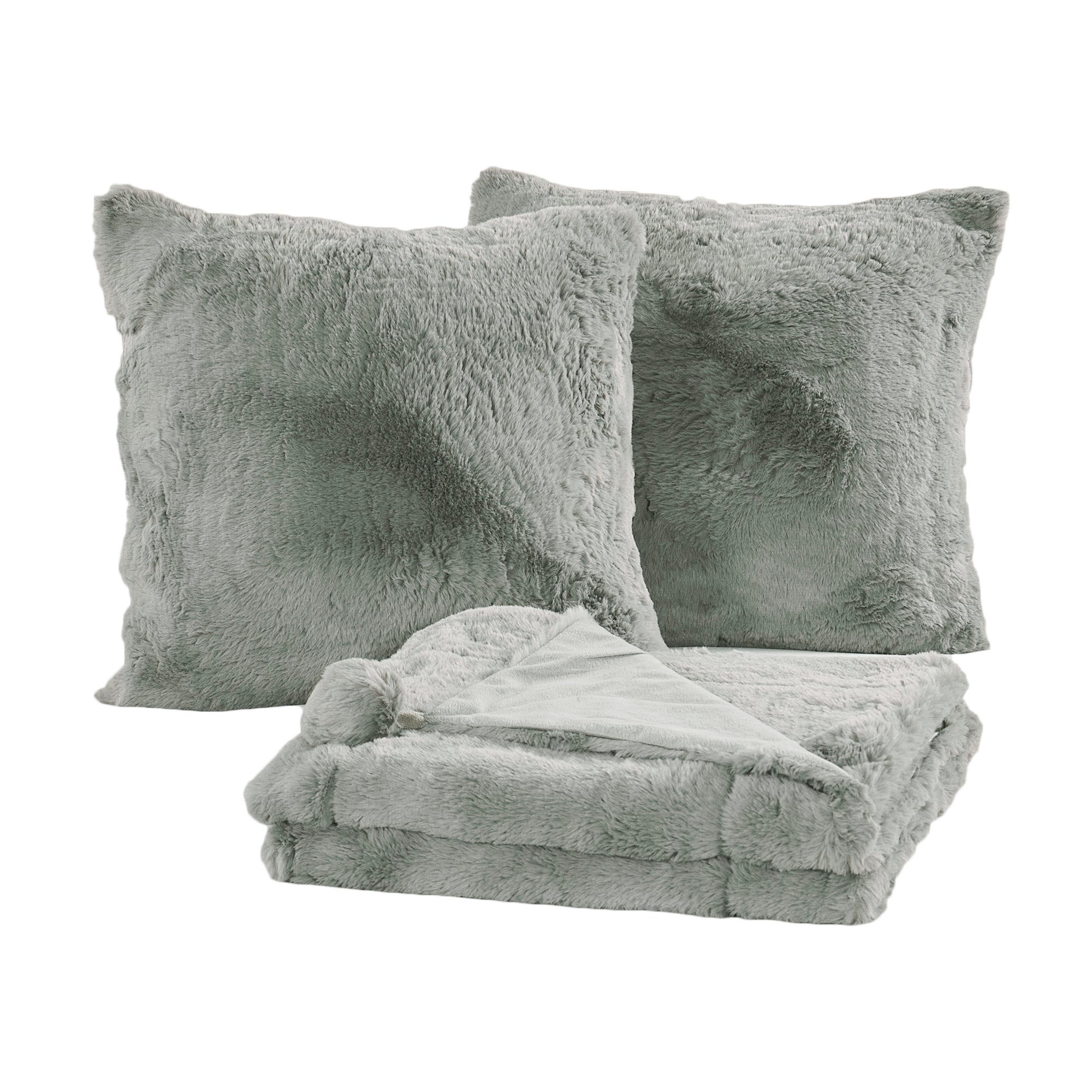 Pompom Faux Fur Throw Blanket & 2 Pillow Cover Set (50"x60"/20"x20")
