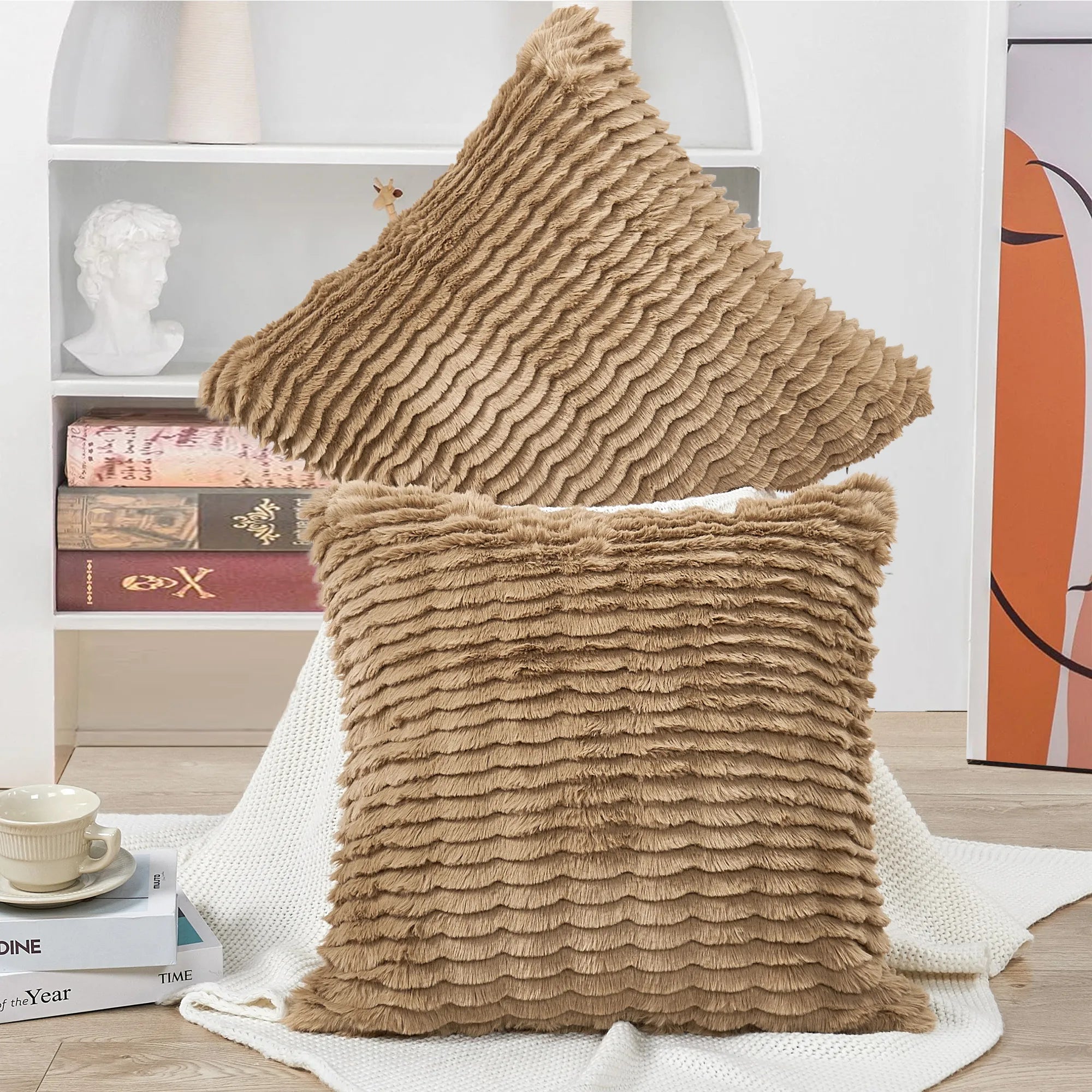 Wavy Pattern Faux Fur 2 Piece Decorative Pillow Covers (20" x 20")