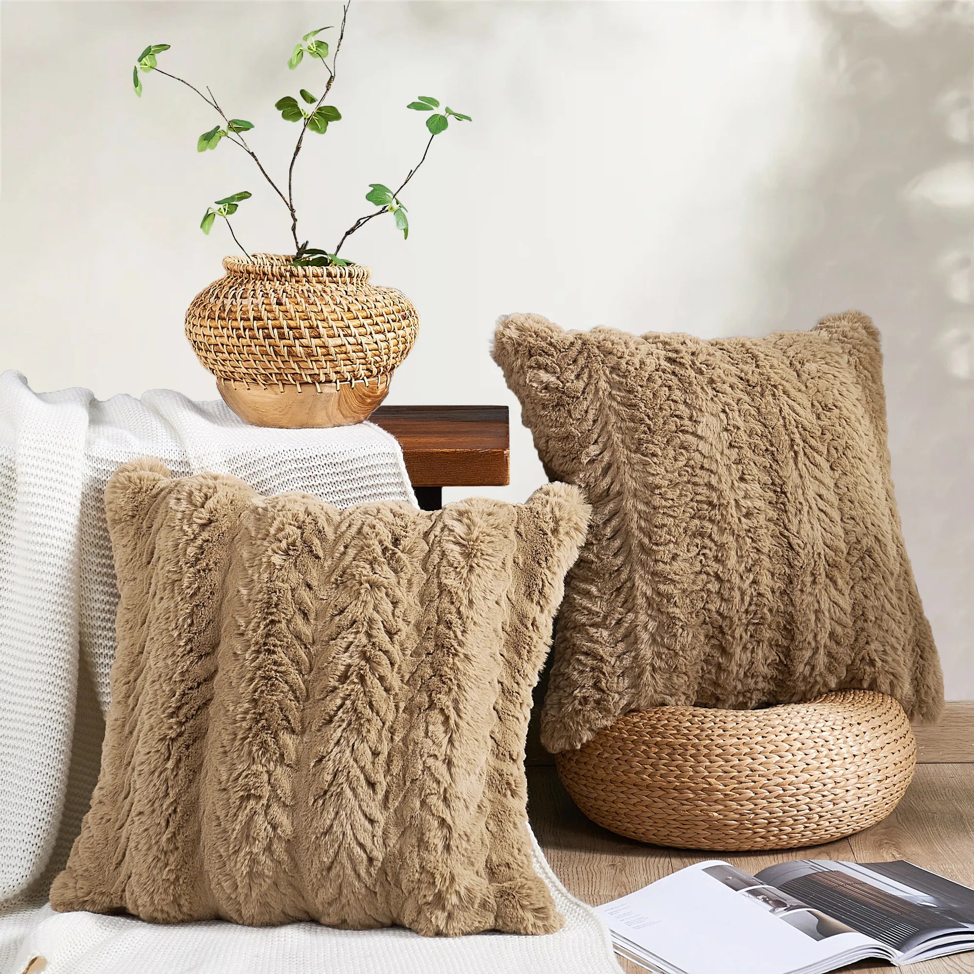 Tread Pattern Rabbit Faux Fur 2 Piece Decorative Pillow Covers (20" x 20")