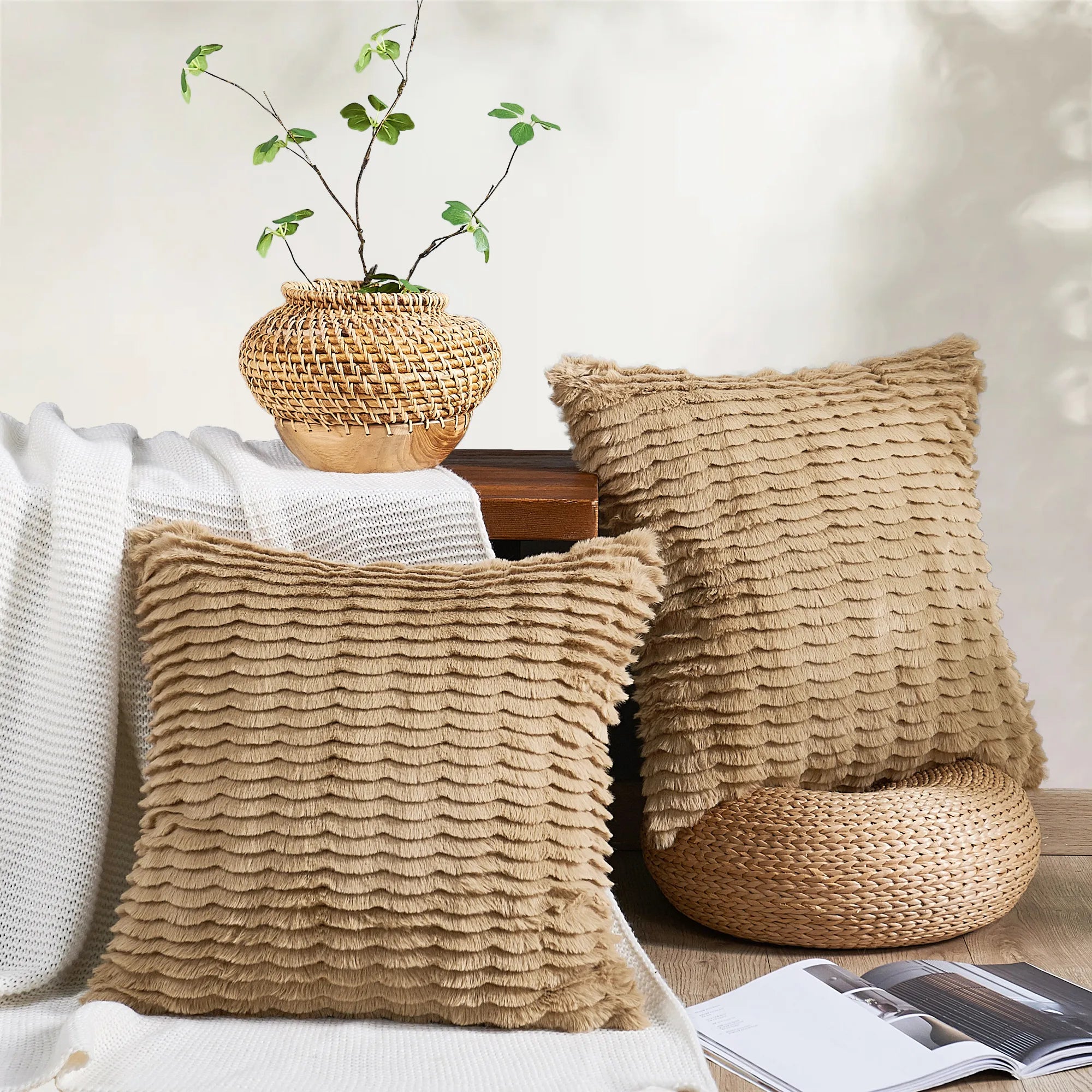 Wavy Pattern Faux Fur 2 Piece Decorative Pillow Covers (20" x 20")