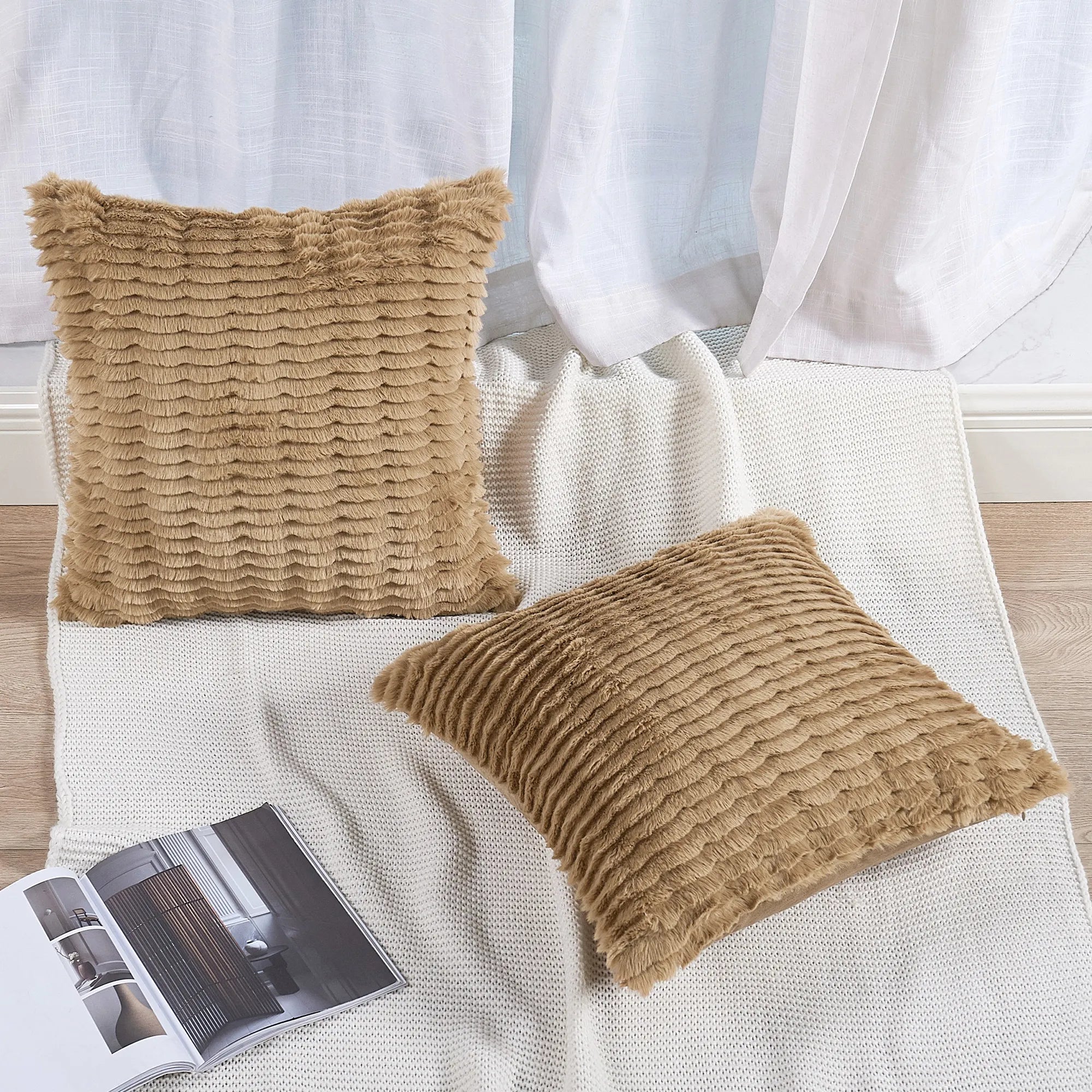 Tread Pattern Rabbit Faux Fur 2 Piece Decorative Pillow Covers (20" x 20")