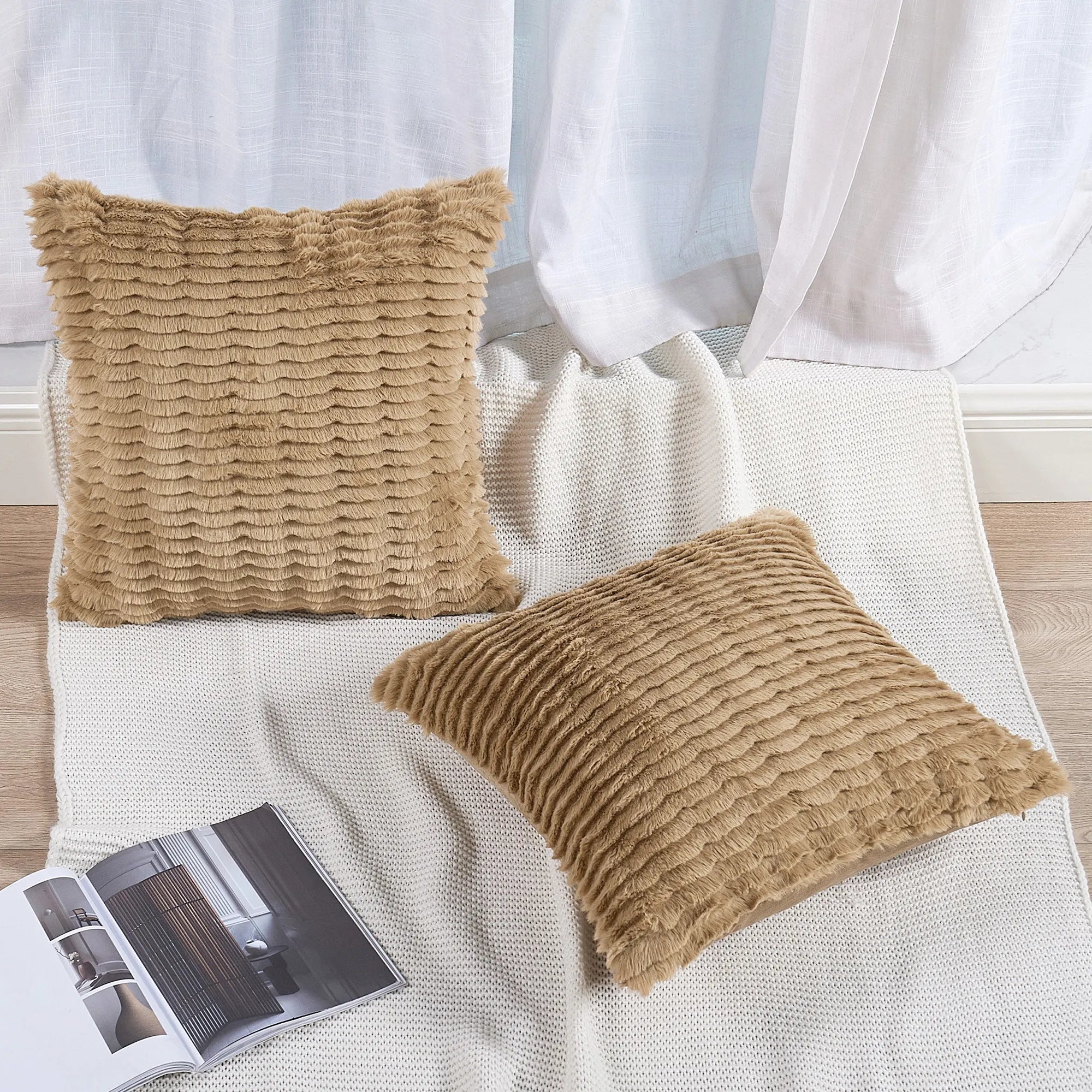 Wavy Pattern Faux Fur 2 Piece Decorative Pillow Covers (20" x 20")