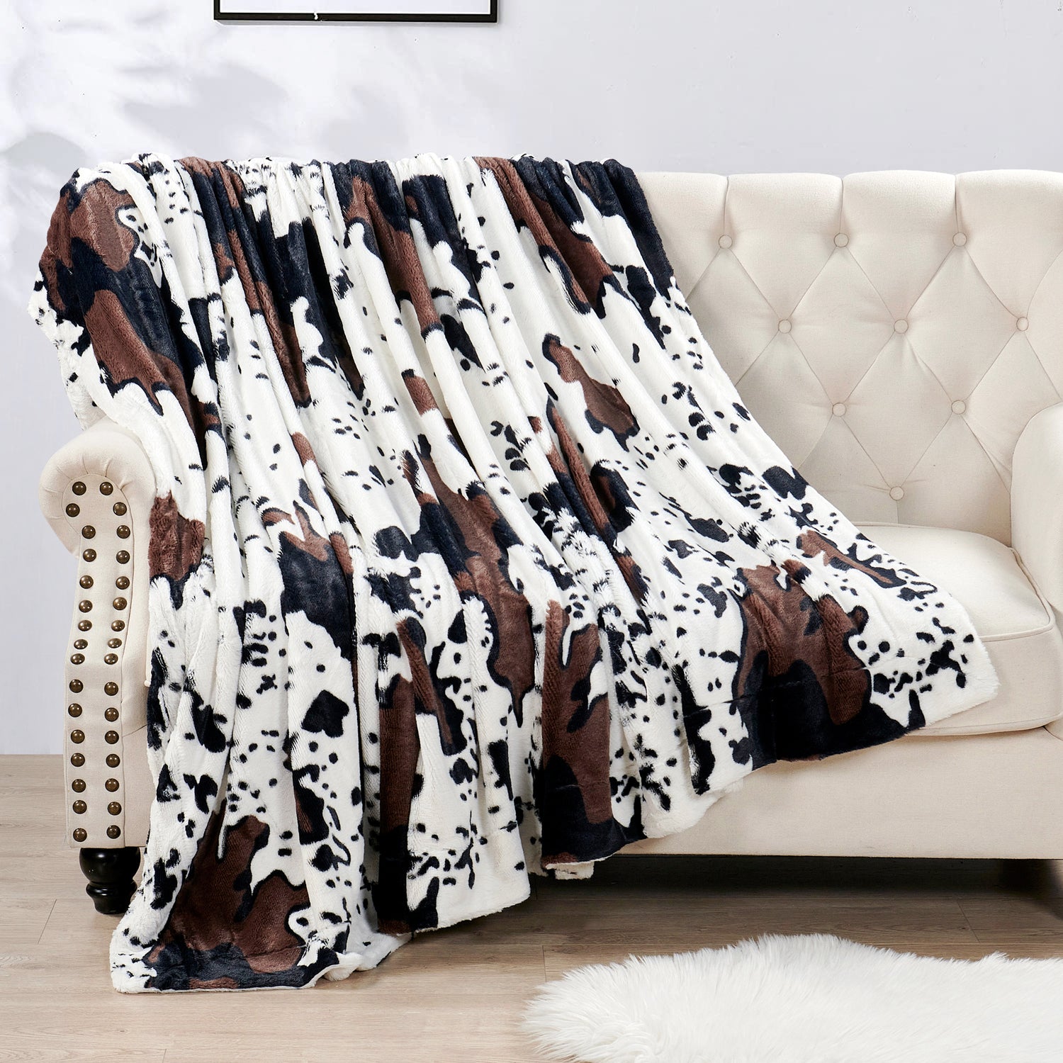 Cow Print Double Sided Faux Fur Blanket (80" x 90")