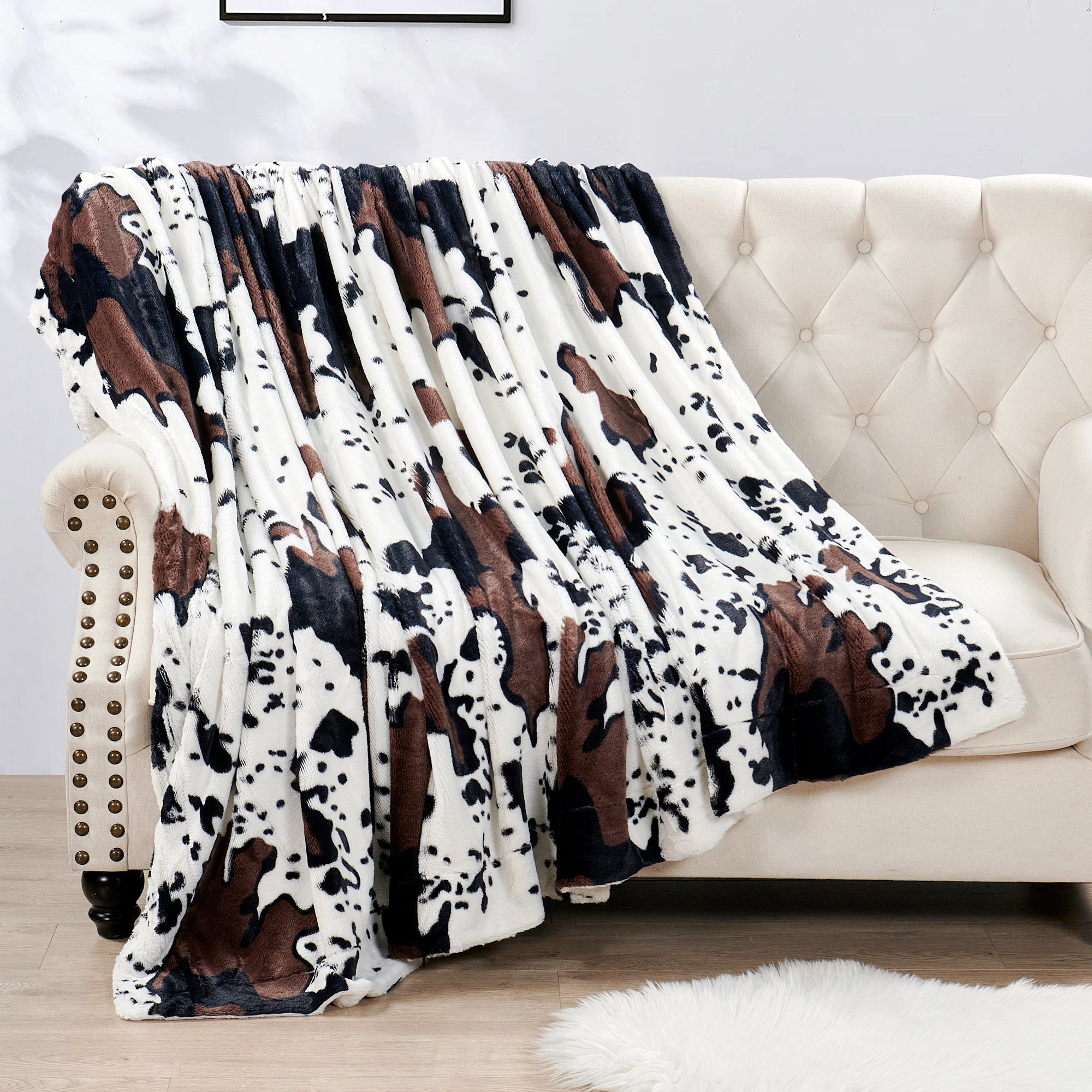 Cow Print Double Sided Faux Fur Blanket (80" x 90")