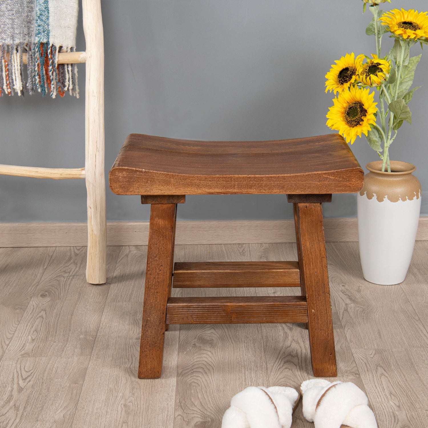 Old Pine Wood Stool (20" x 14" x 18.5")