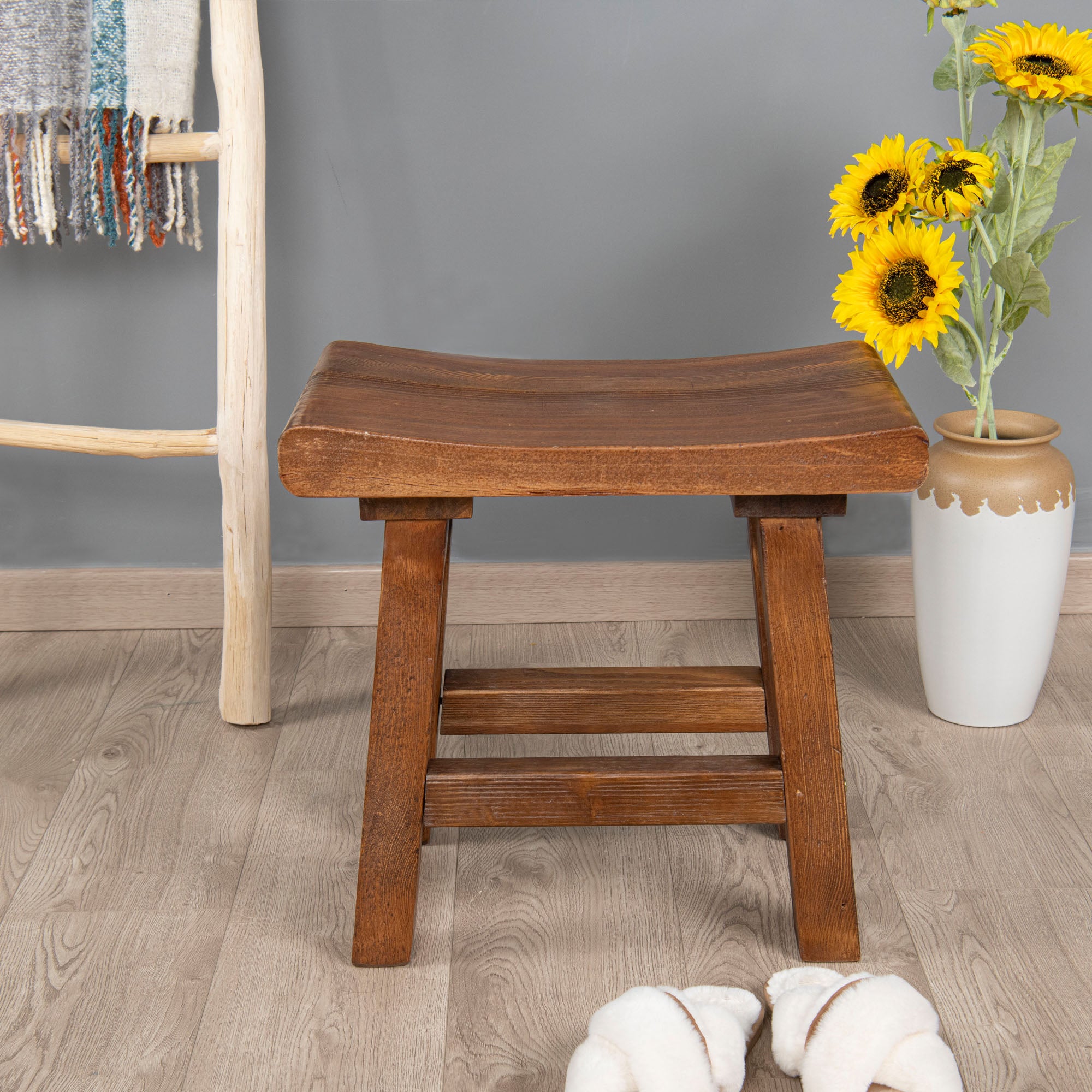 Old Pine Wood Stool (20" x 14" x 18.5")
