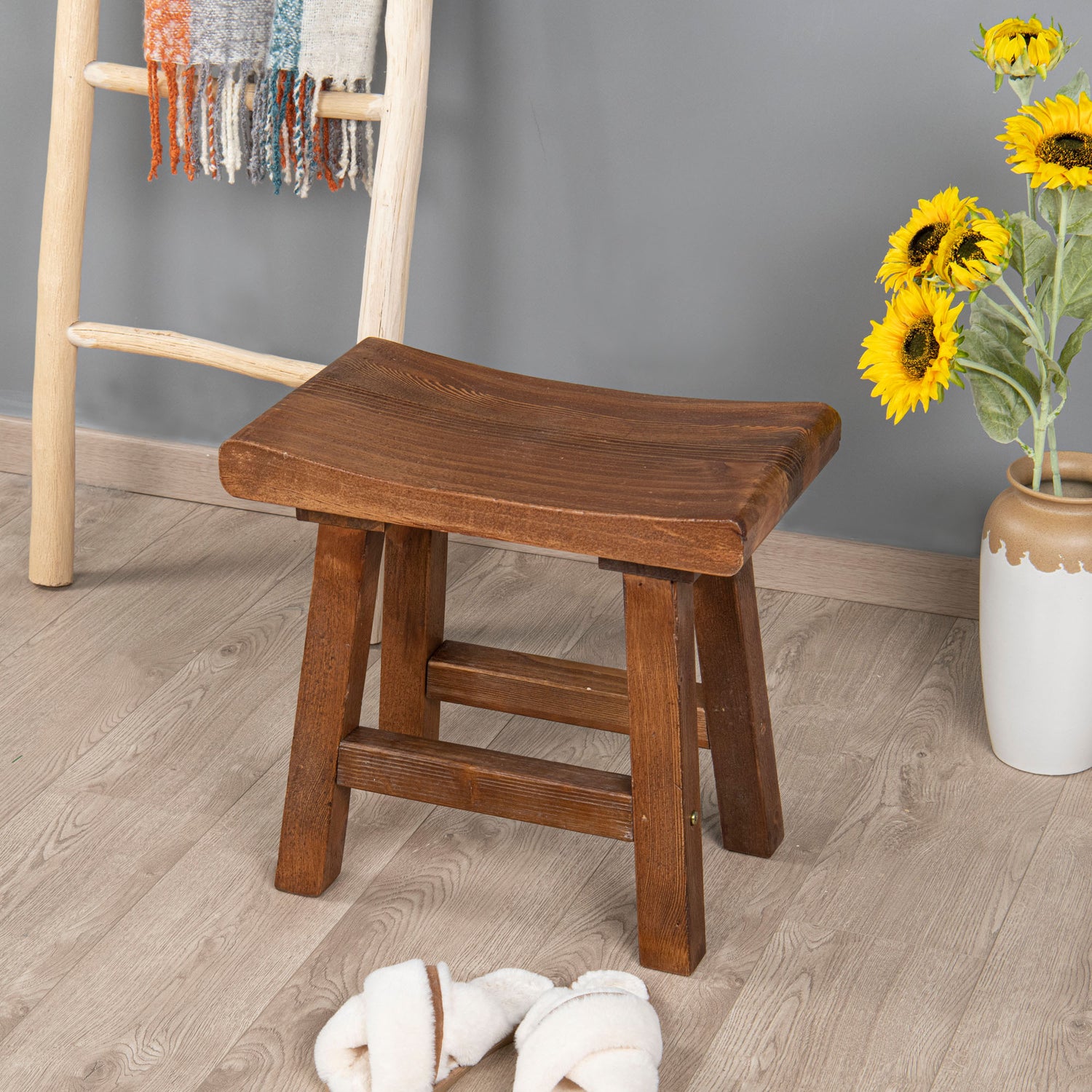 Old Pine Wood Stool (20" x 14" x 18.5")