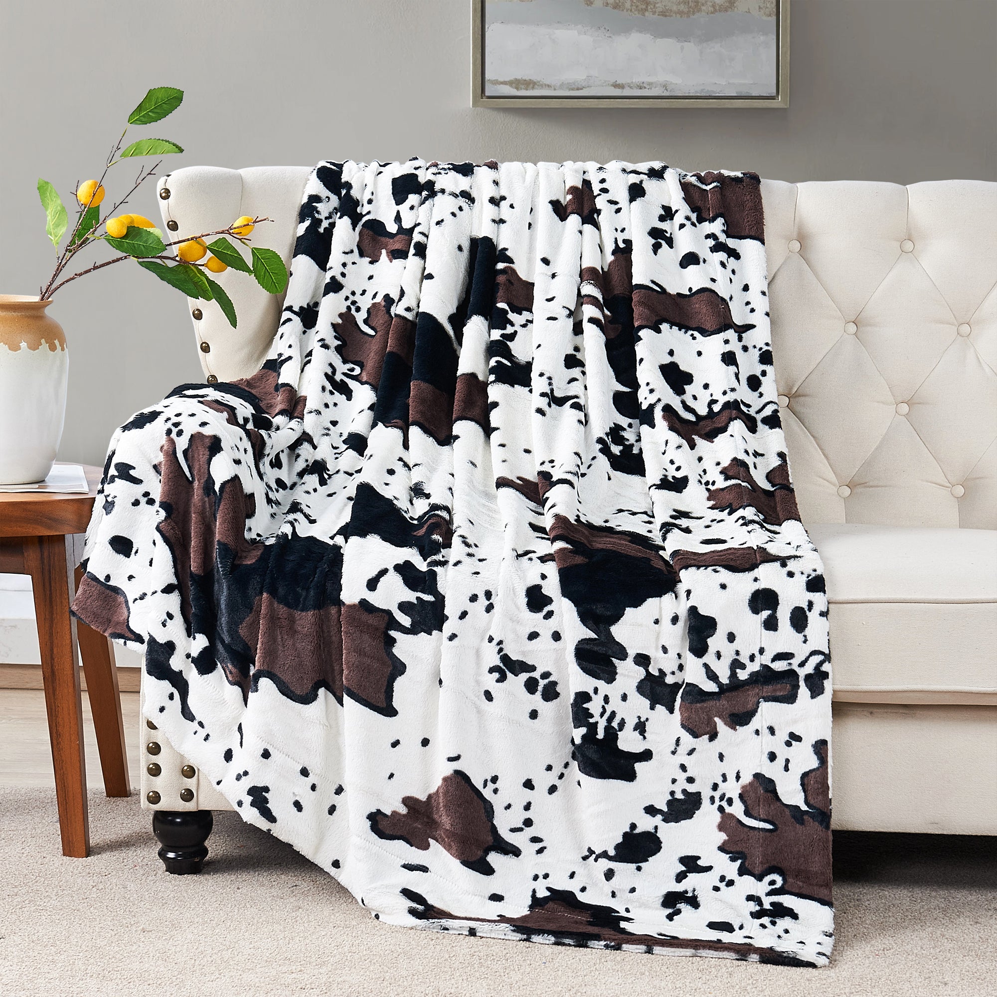 Cow Print Double Sided Faux Fur Throw Blanket