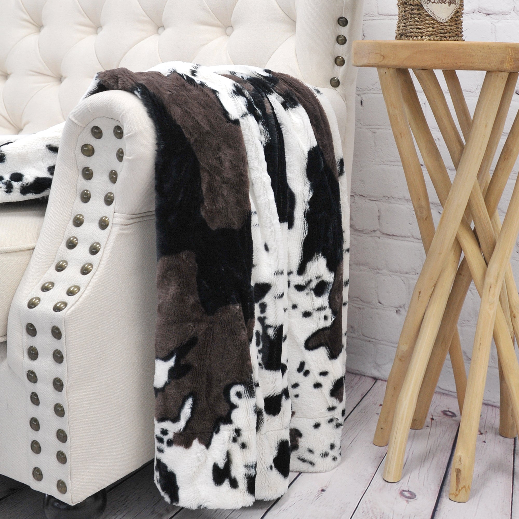 Cow Print Double Sided Faux Fur Throw Blanket