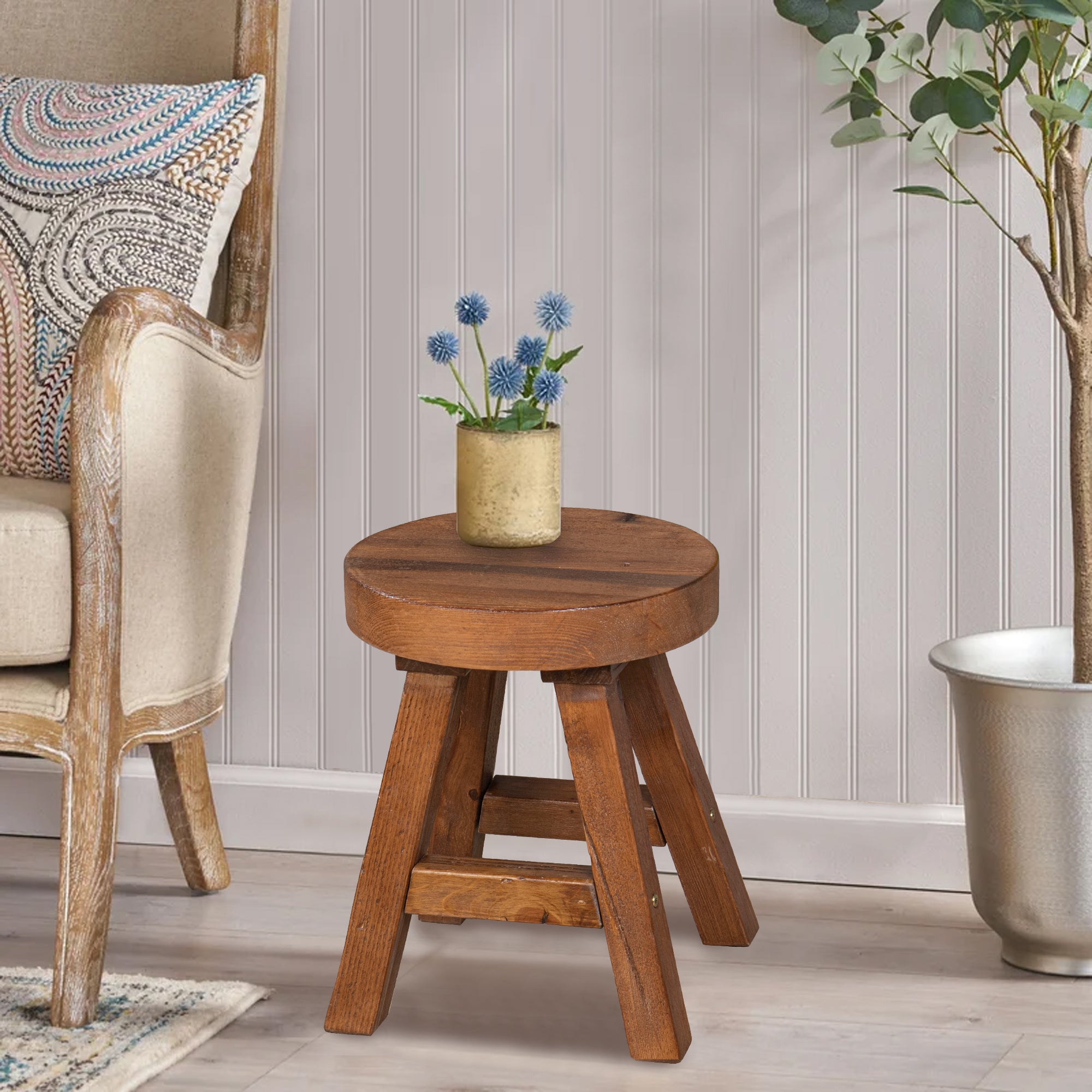 Old Pine Wood Round Stool (14" x 14" x 18")