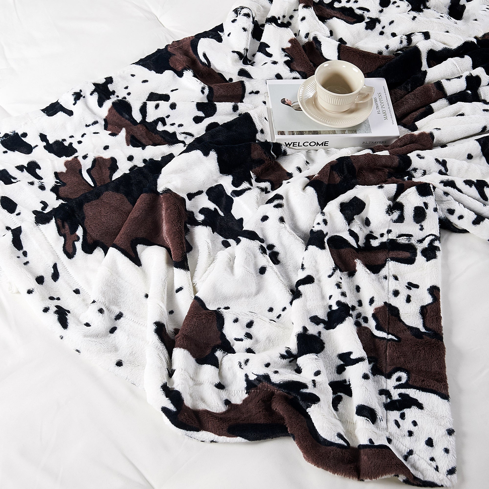 Cow Print Double Sided Faux Fur Throw Blanket