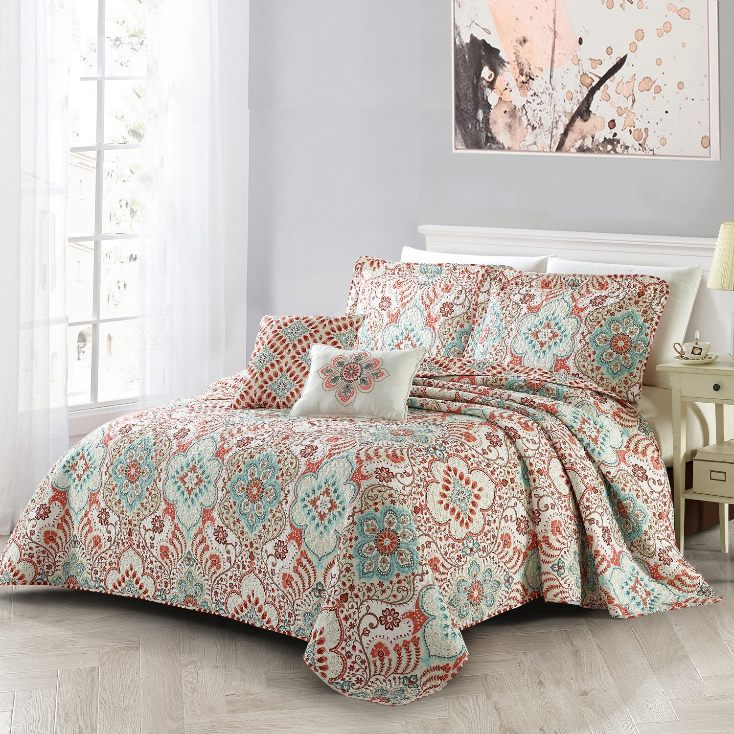 5 Piece Bennington Damask Printed Microfiber Quilt Bedspread Set