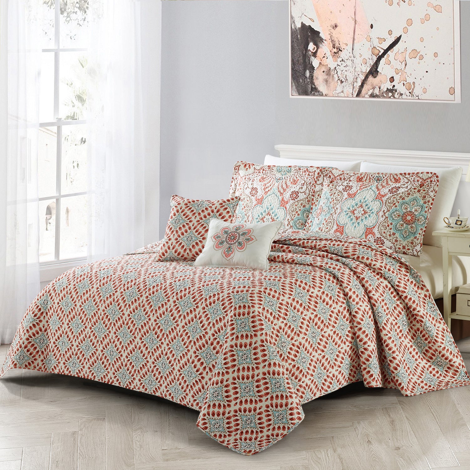 5 Piece Bennington Damask Printed Microfiber Quilt Bedspread Set