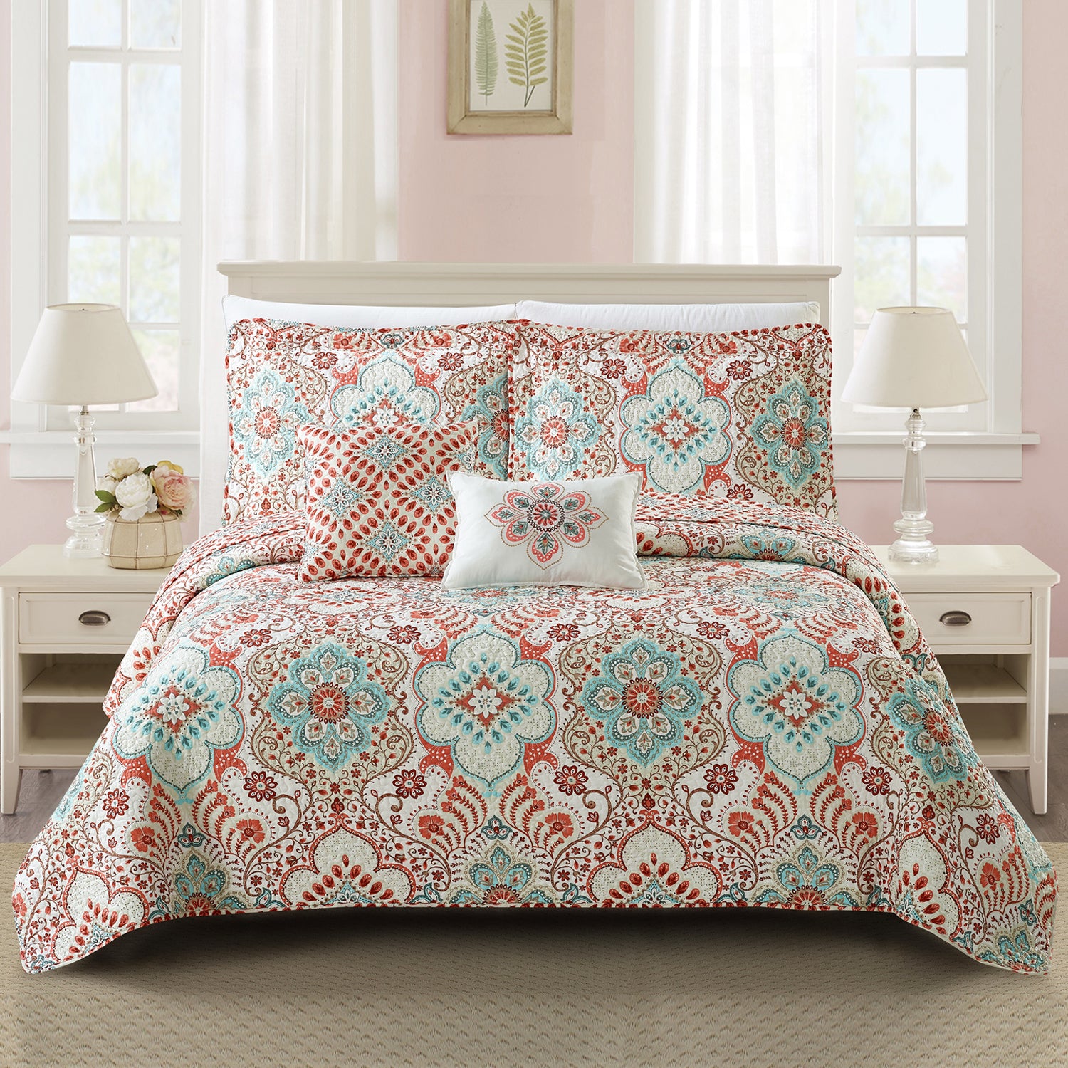 5 Piece Bennington Damask Printed Microfiber Quilt Bedspread Set