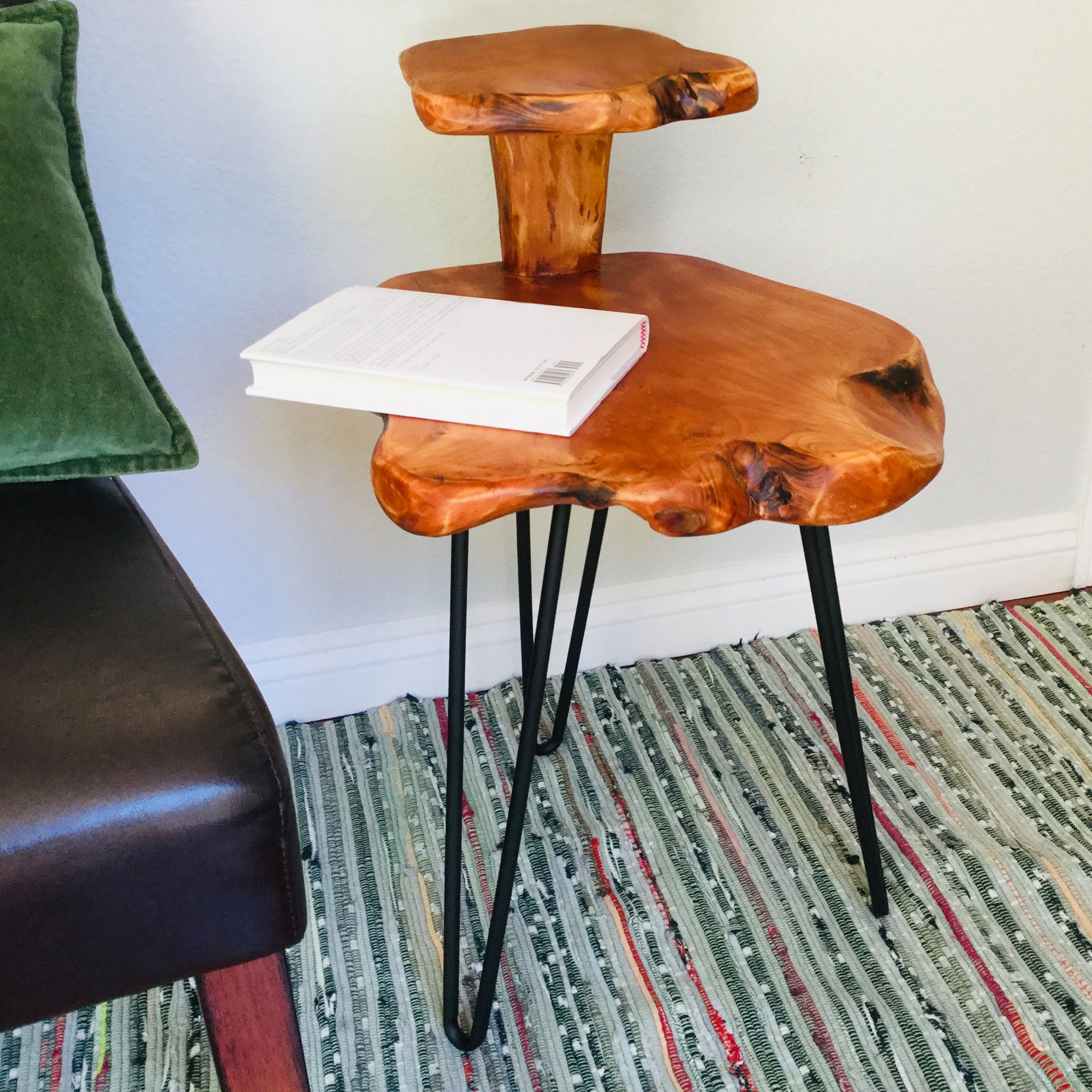 Natural Edge Cedar Wood Dual-Tier End Table (18" x 15.5" x 26")