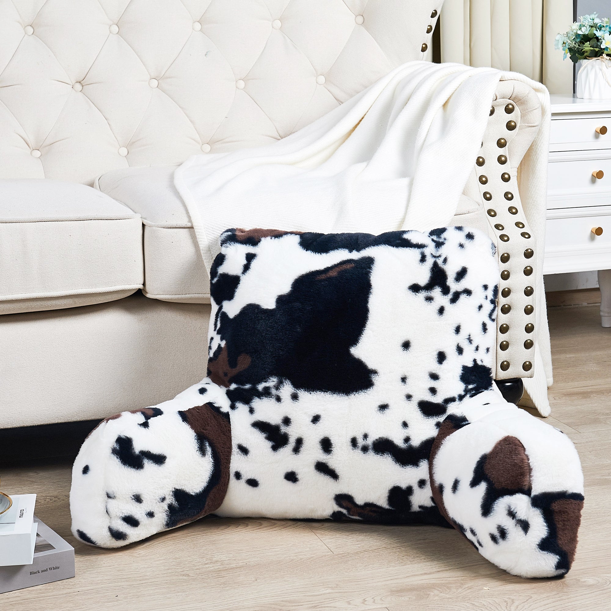 Cows Flowers Faux Fur Bedrest Pillow (20"x18"x17")