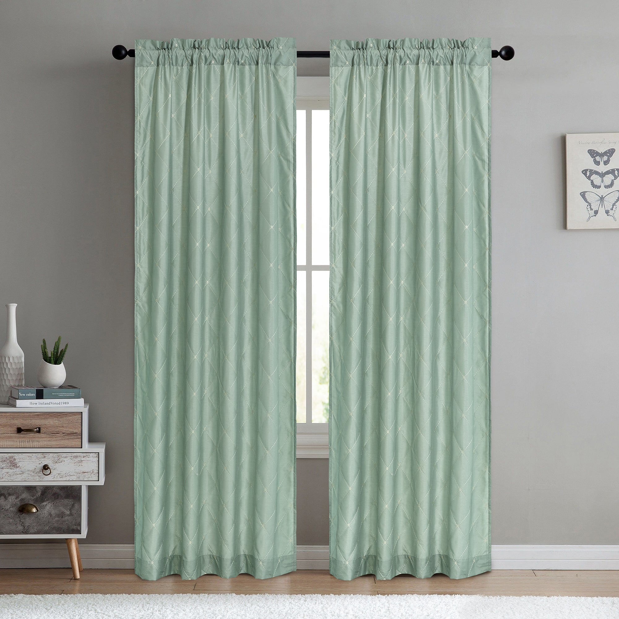Doris Diamond Embroidery Faux Silk Curtain - Set of 2 (60"x96")
