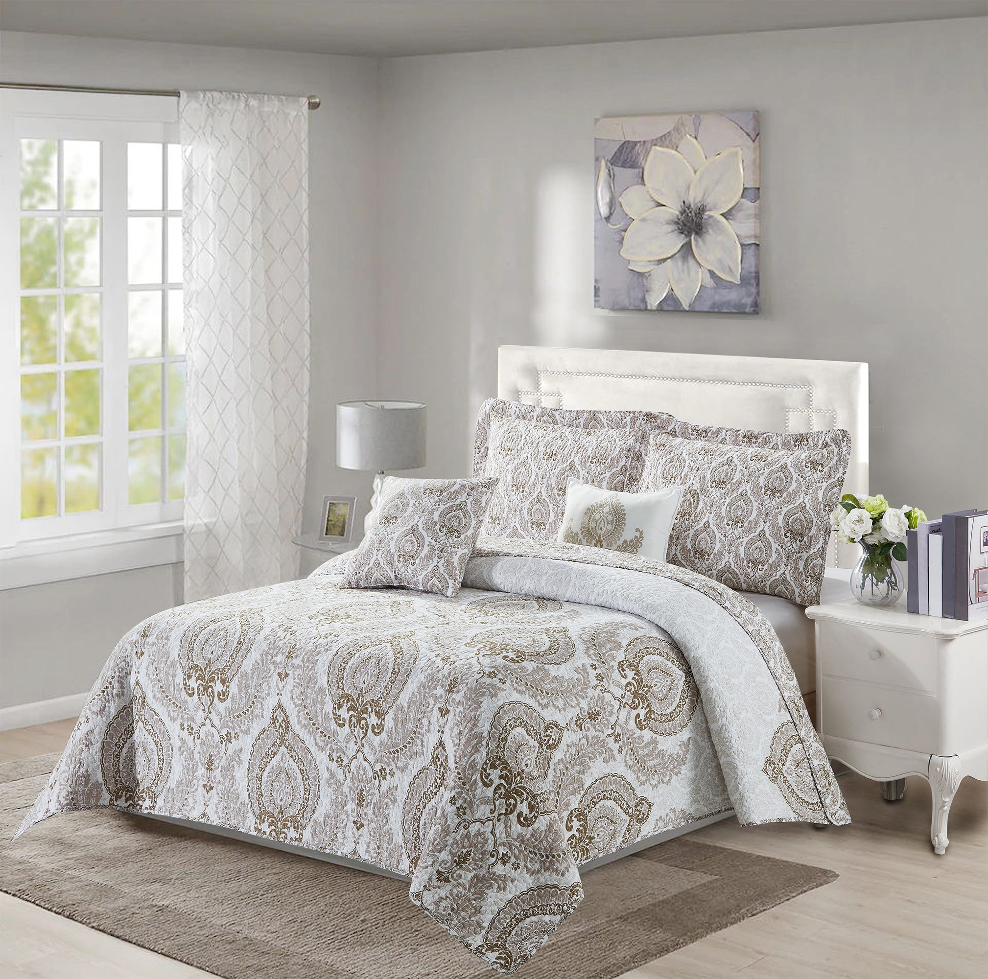 5 Piece Heart DSK Printed Microfiber Quilt Bedspread Set (Queen 90"x90“)
