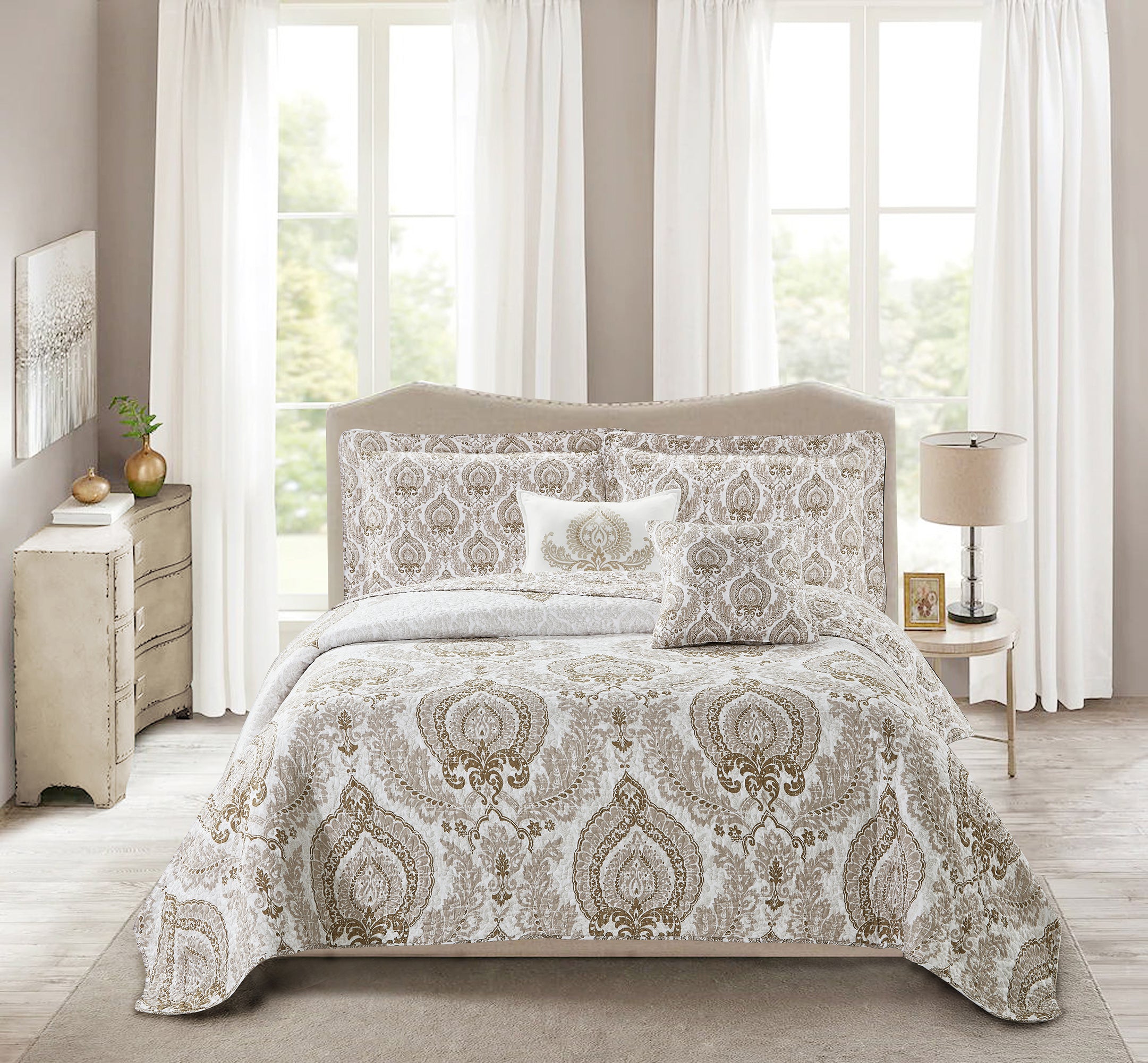 5 Piece Heart DSK Printed Microfiber Quilt Bedspread Set (Queen 90"x90“)
