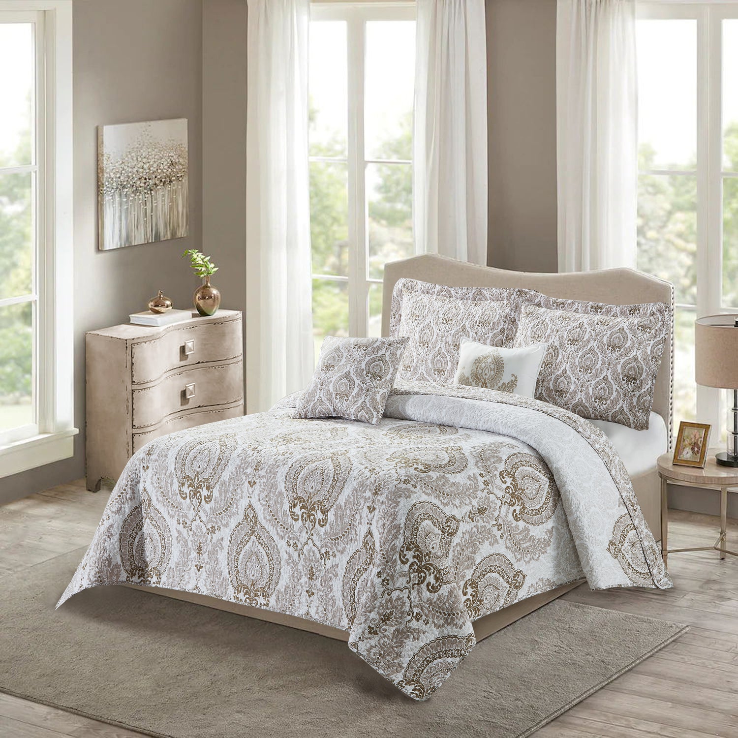 5 Piece Heart DSK Printed Microfiber Quilt Bedspread Set (Queen 90"x90“)