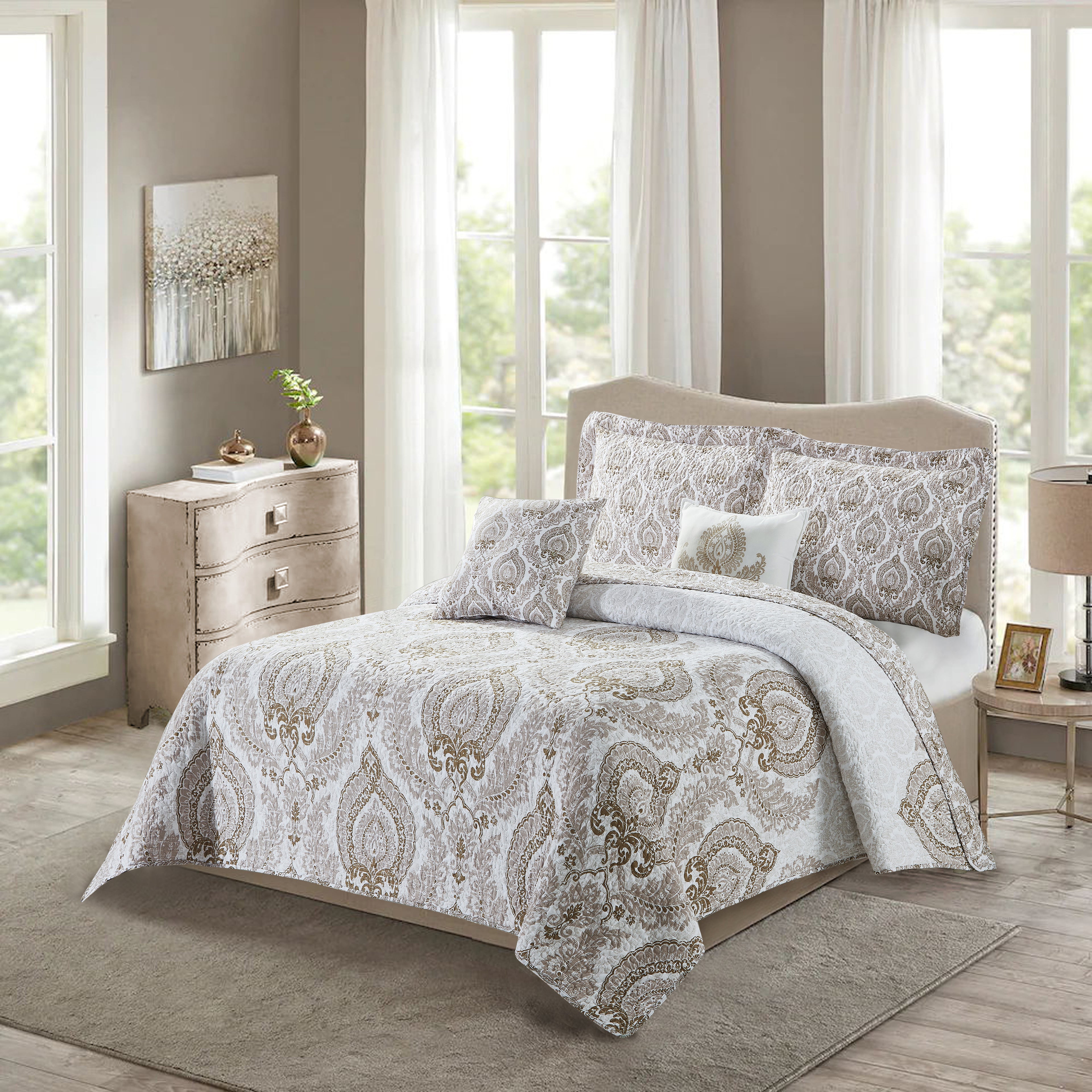 5 Piece Heart DSK Printed Microfiber Quilt Bedspread Set (Queen 90"x90“)