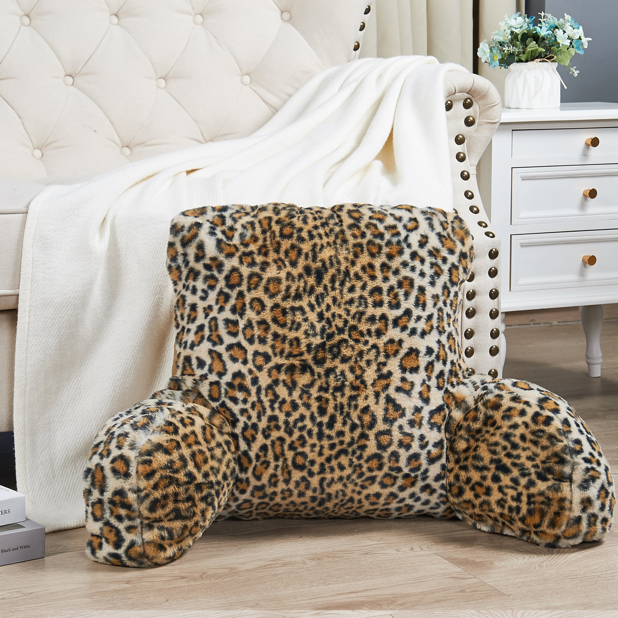 Leopard Faux Fur Bedrest Pillow (20"x18"x17")