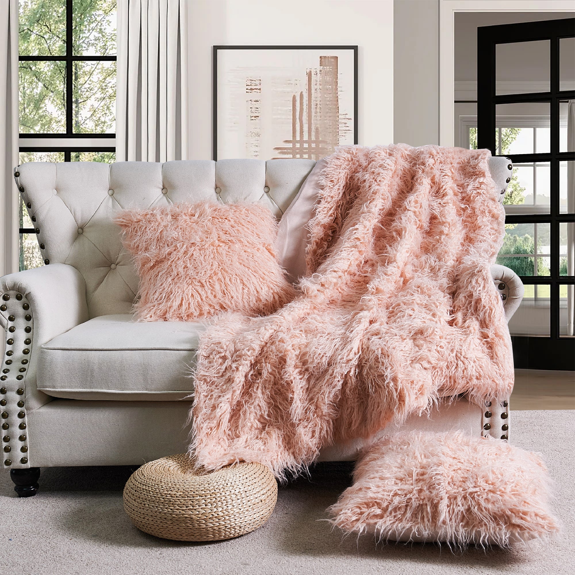 Mongolian Faux Fur Throw Blanket Pillow Covers Set (50