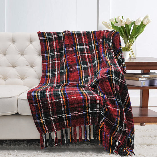 Multi Color Crystal Chenille Throw Blanket - Red/Green/White Plaid - 50" x 60"
