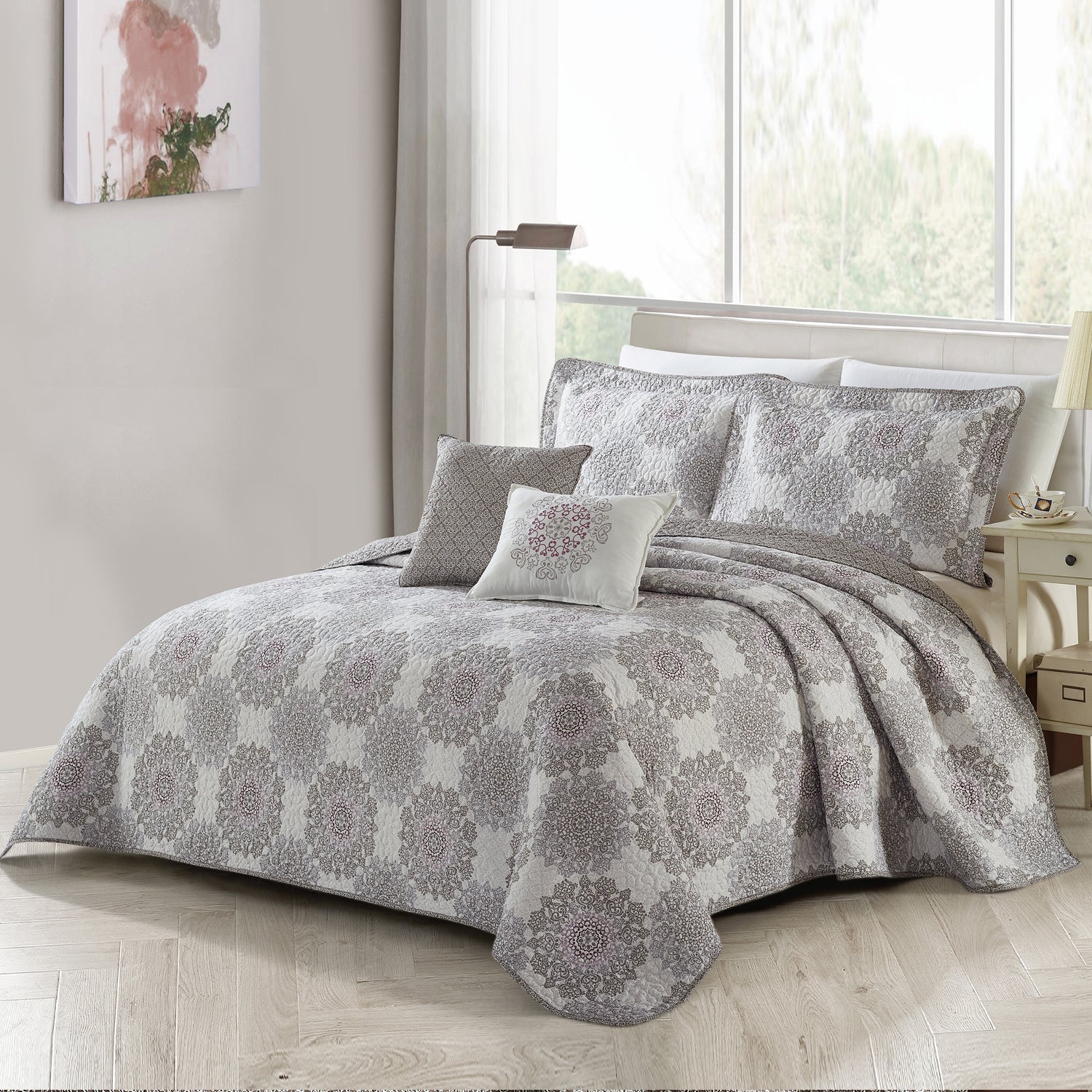 5 Piece Serano Medallion Printed Microfiber Quilt Bedspread Set
