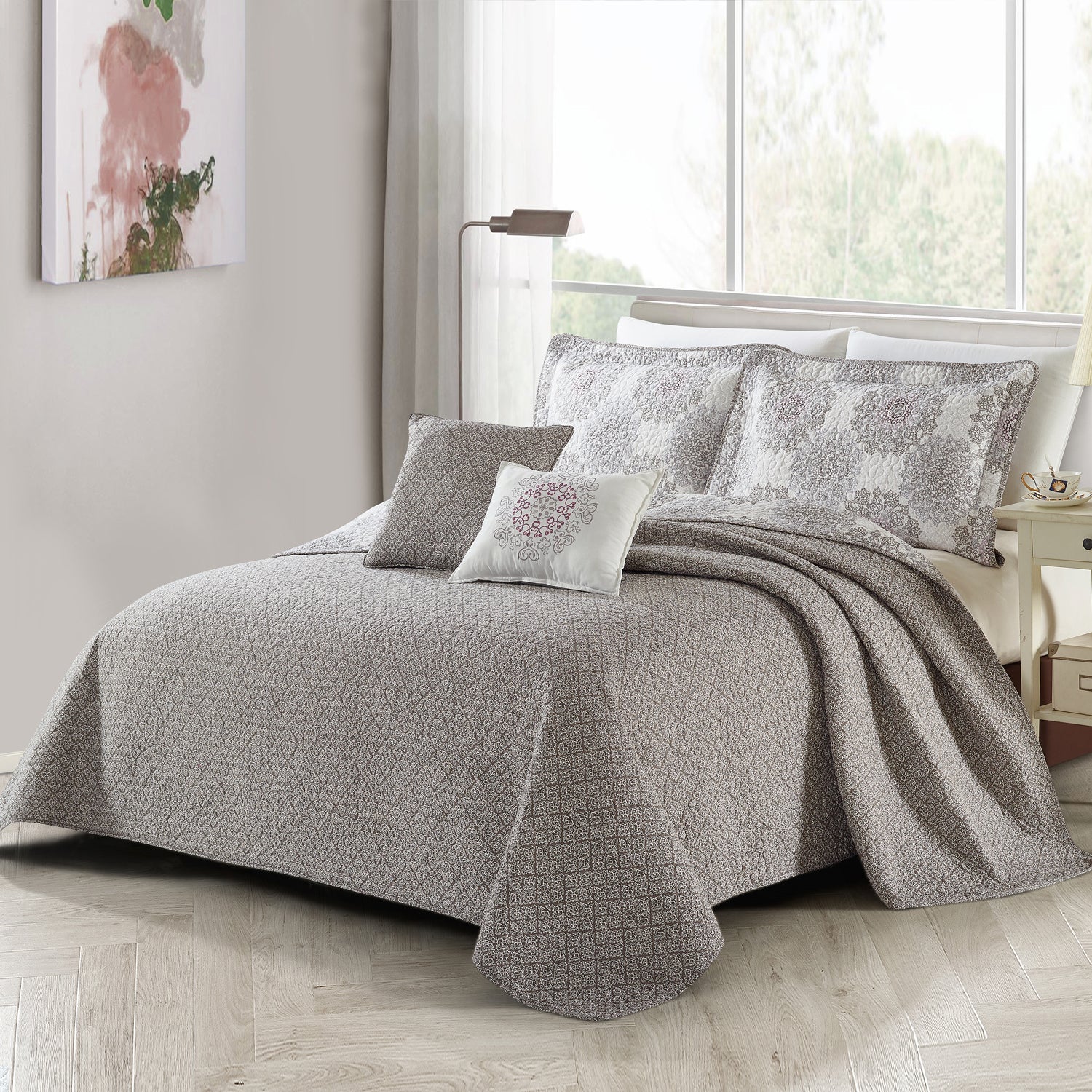 5 Piece Serano Medallion Printed Microfiber Quilt Bedspread Set