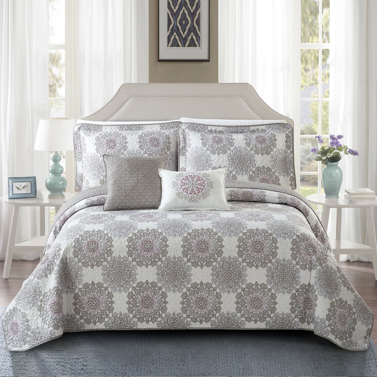 5 Piece Serano Medallion Printed Microfiber Quilt Bedspread Set