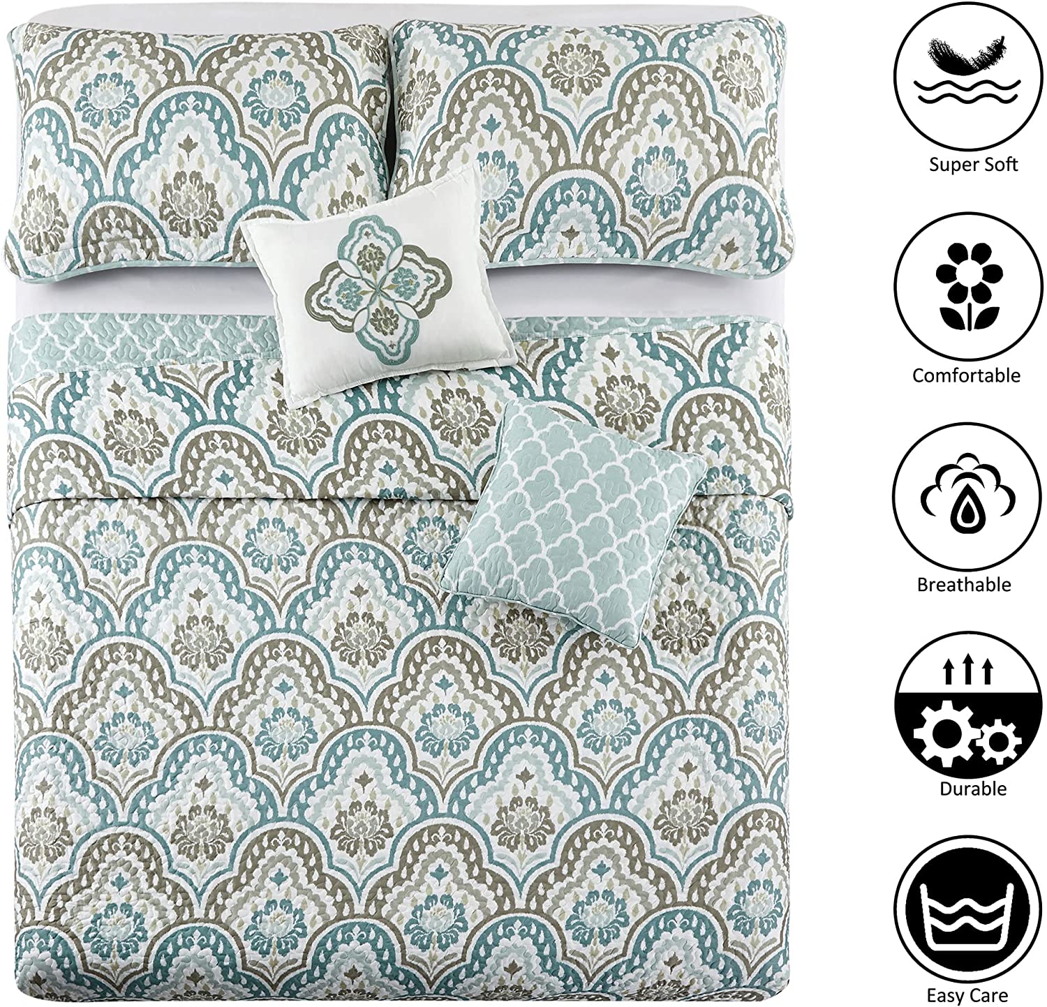 5 Piece Tivoli Ikat Printed Microfiber Quilts Set