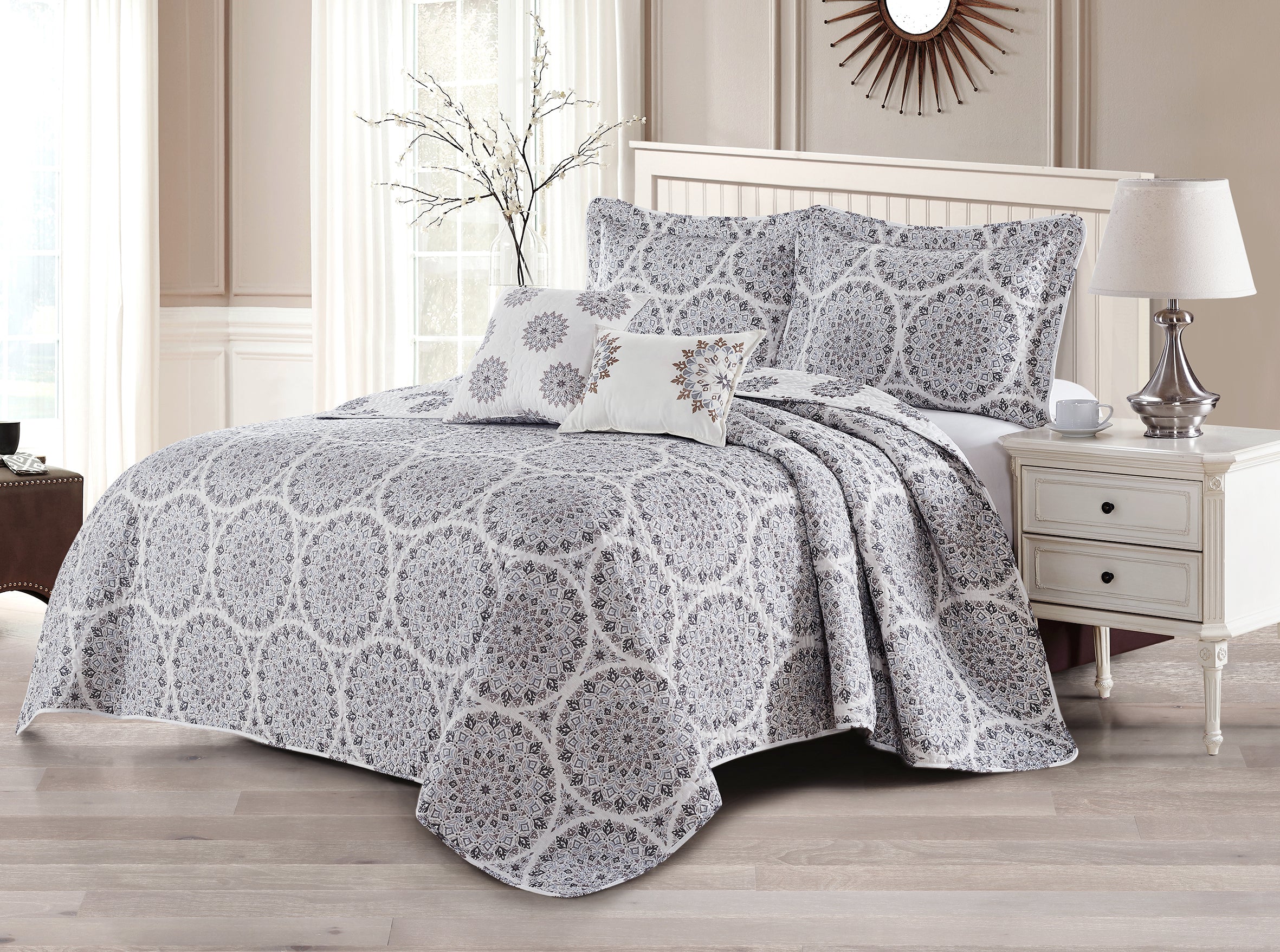 5 Piece Tribal Medallion Printed Microfiber Quilt Bedspread Set