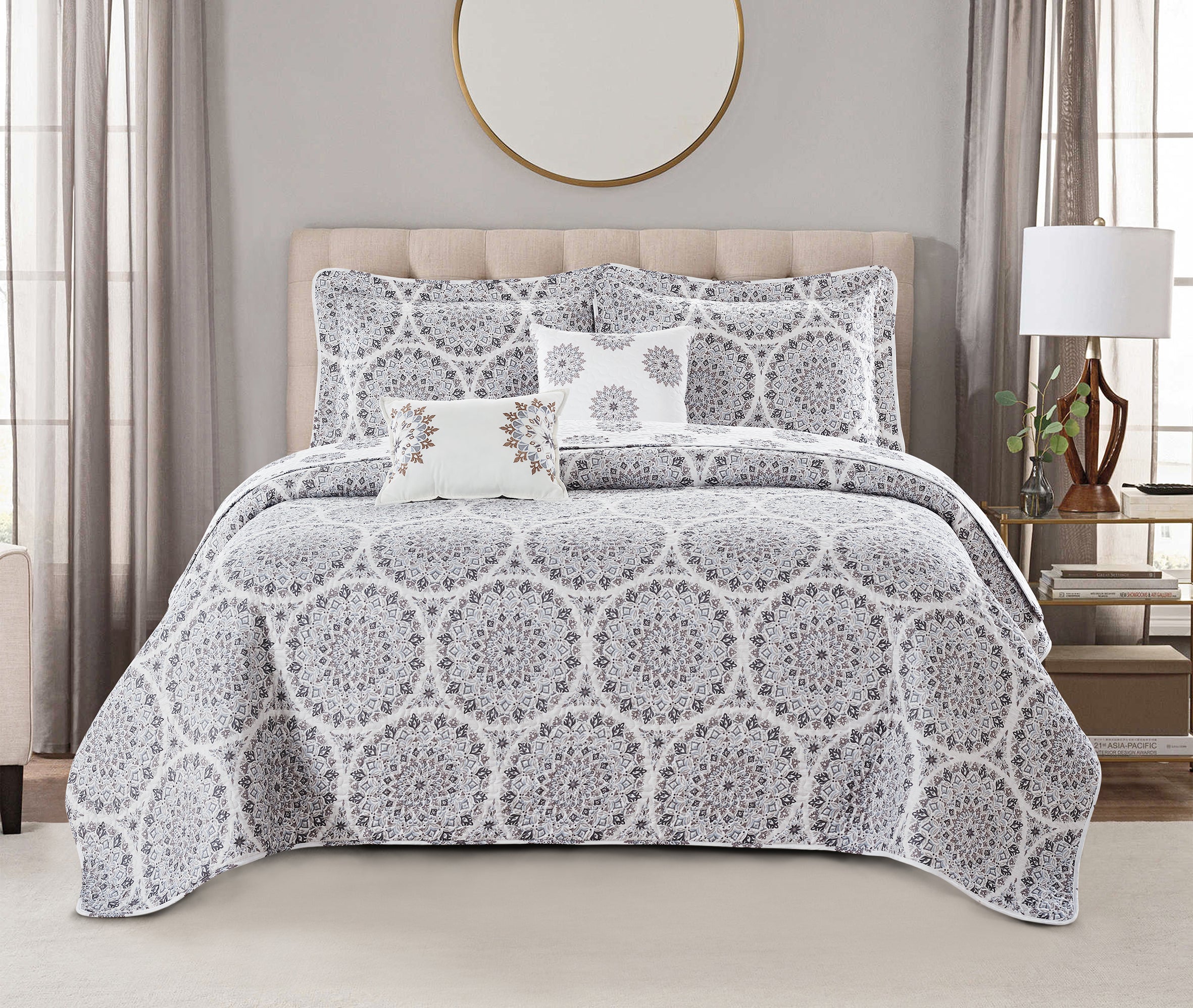 5 Piece Tribal Medallion Printed Microfiber Quilt Bedspread Set
