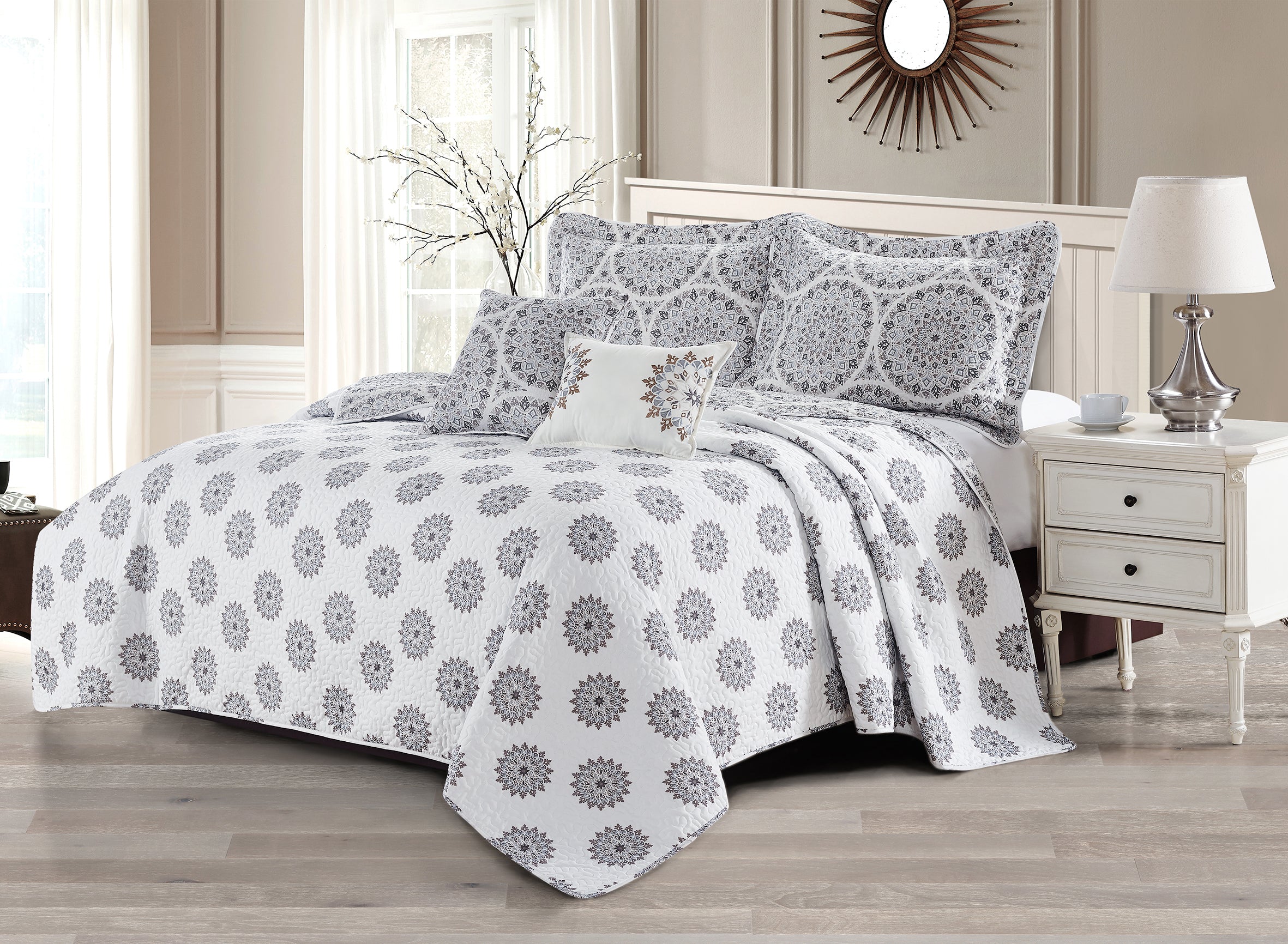 5 Piece Tribal Medallion Printed Microfiber Quilt Bedspread Set